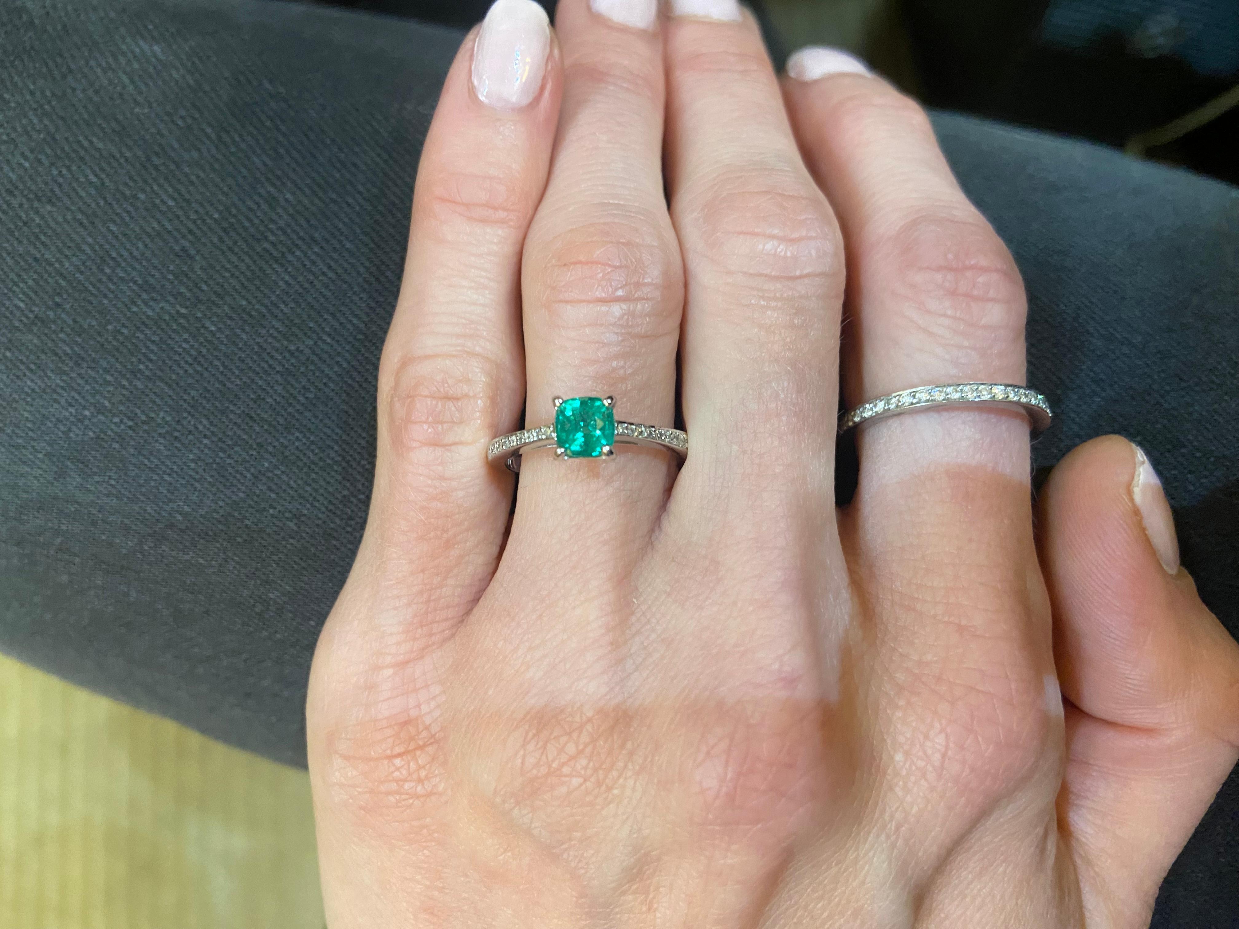 Cushion Cut 0.65ct Cushion Emerald & Round Petite Diamond Ring in 14KT White Gold For Sale