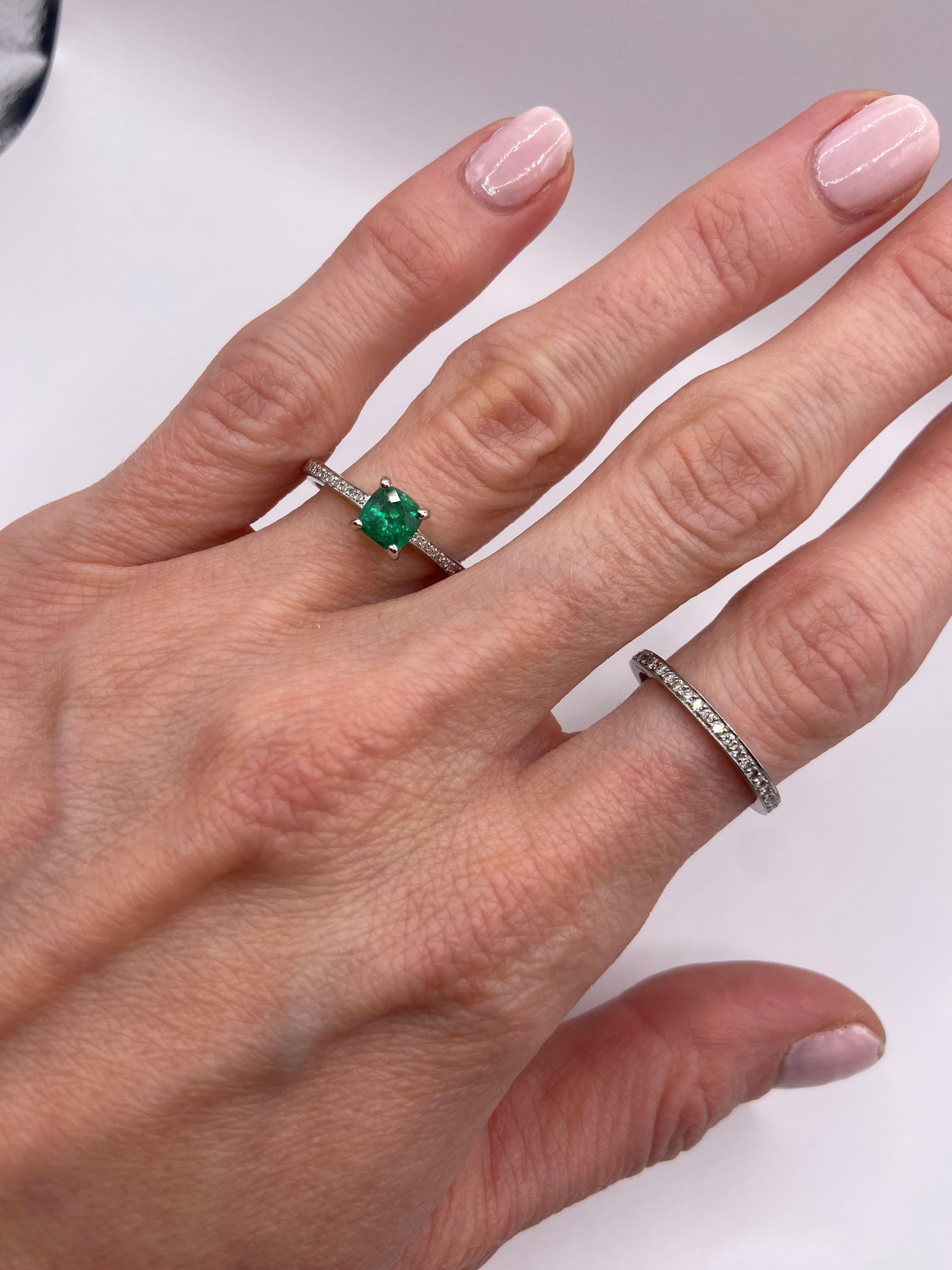 Women's or Men's 0.65ct Cushion Emerald & Round Petite Diamond Ring in 14KT White Gold For Sale