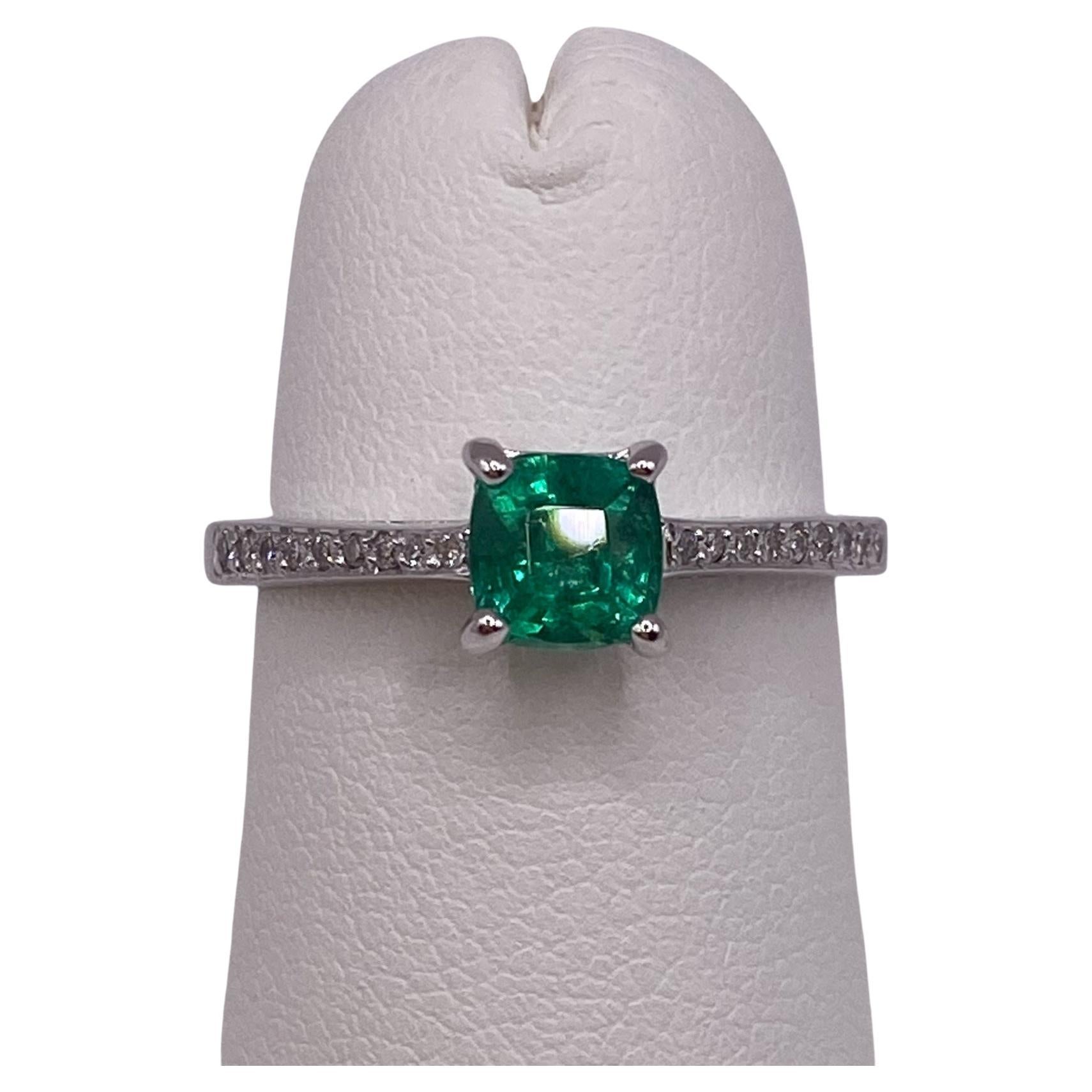 0.65ct Cushion Emerald & Round Petite Diamond Ring in 14KT White Gold For Sale