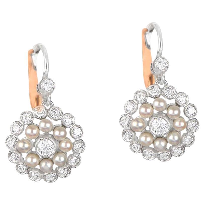 0.65 Carat Diamond Earrings, Pearl, Platinum For Sale
