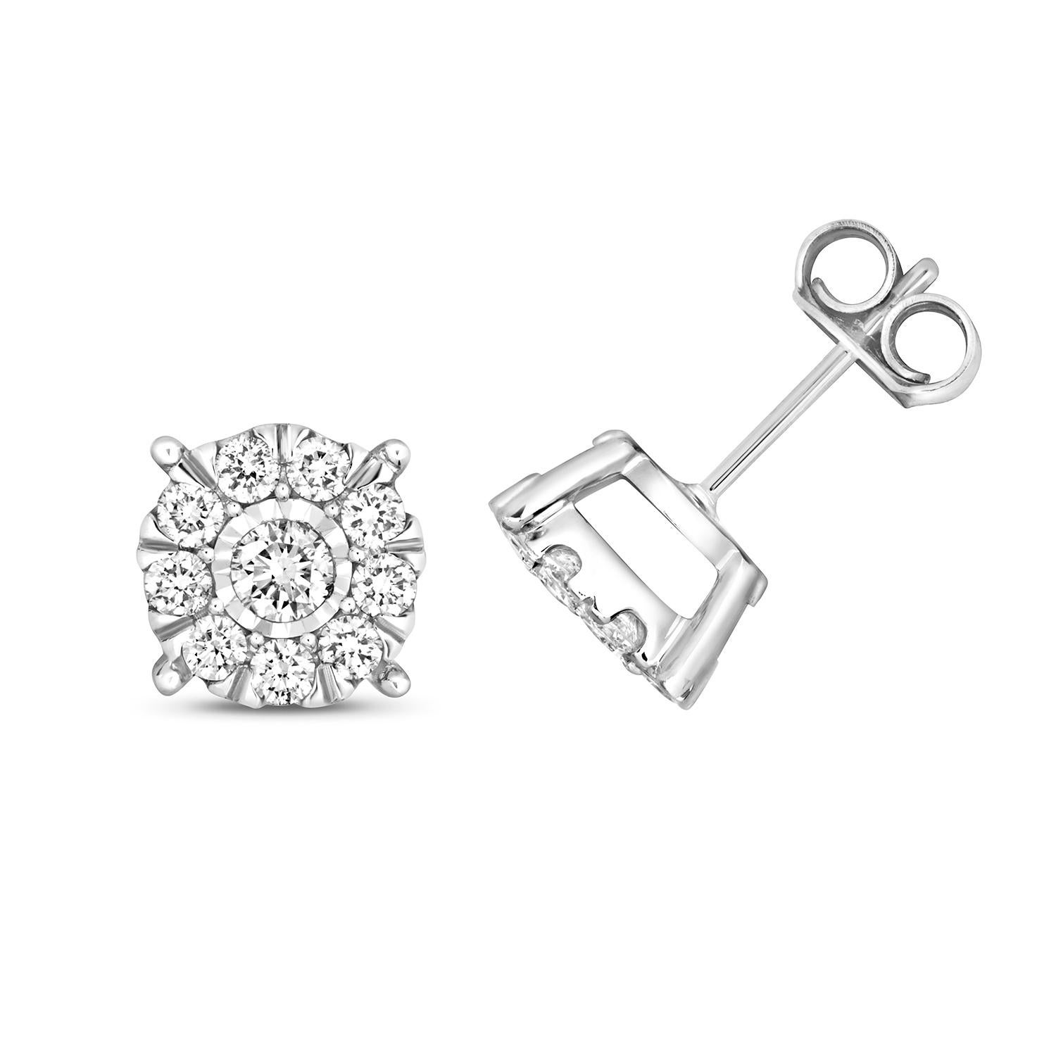 0.65ct DIAMOND Earrings Round Halo cluster STUDS IN 9CT WHITE GOLD For Sale 2