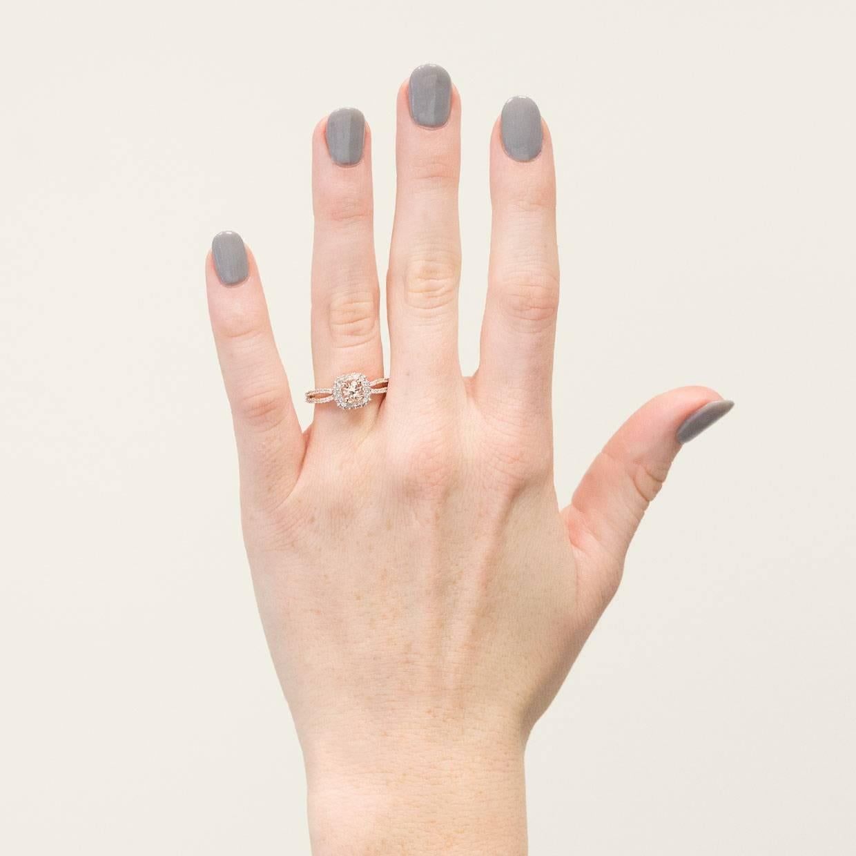 Rose Gold Morganite and Diamond Cushion Shaped Halo Engagement Ring 2