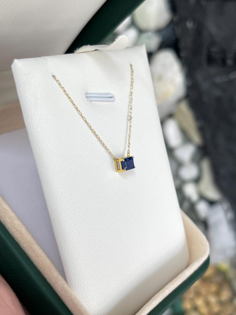 0.65ct Natural Sapphire Pendant  14K Gold Emerald Cut Deep Blue Necklace In New Condition For Sale In Jupiter, FL