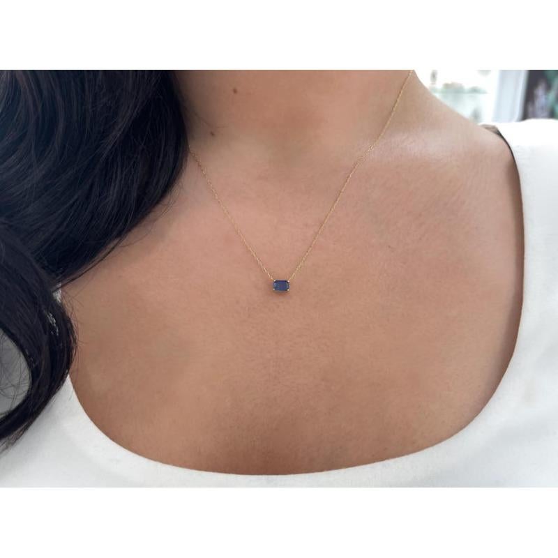 Women's 0.65ct Natural Sapphire Pendant  14K Gold Emerald Cut Deep Blue Necklace For Sale