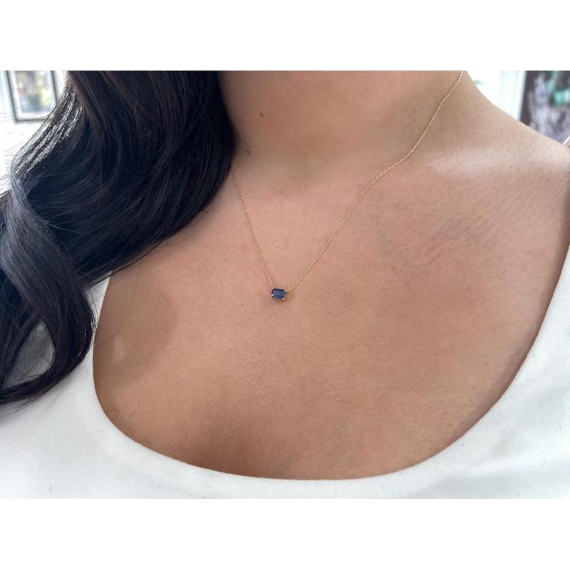 0.65ct Natural Sapphire Pendant  14K Gold Emerald Cut Deep Blue Necklace For Sale 1