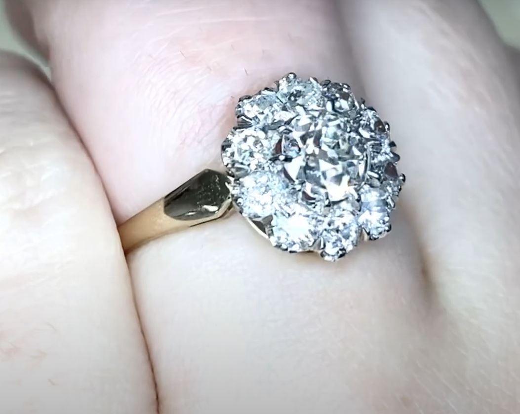 Women's 0.65ct Old European Cut Diamond Cluster Engagement Ring, 18k Yellow Gold 