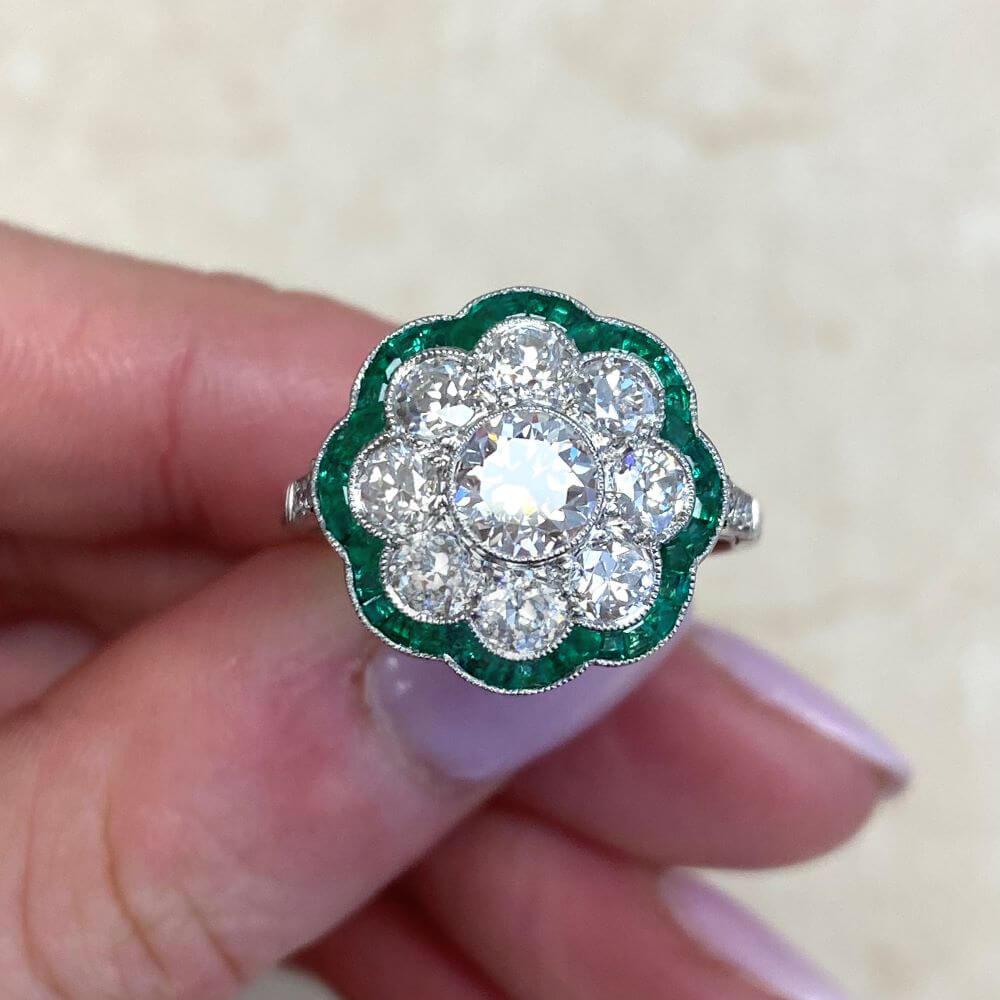 0.65ct Old European Diamond Cluster Ring, Natural Emerald Halo, Platinum 4