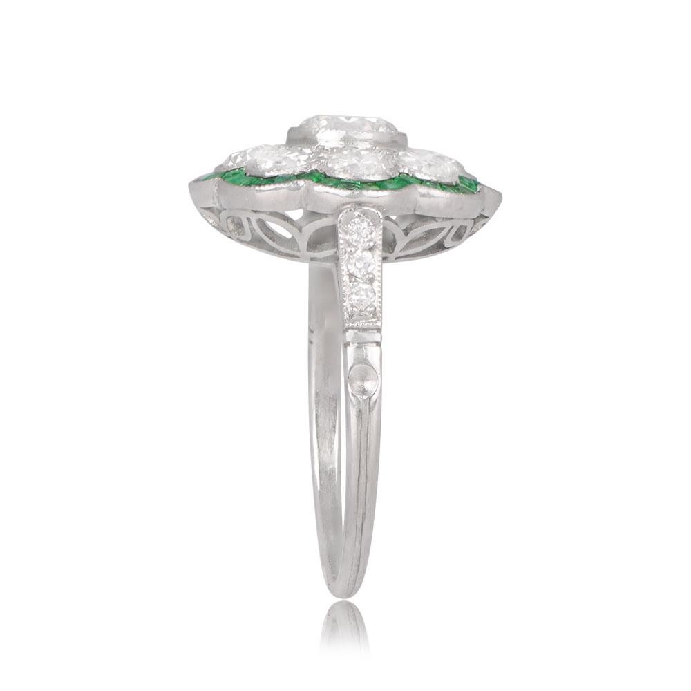 Art Deco 0.65ct Old European Diamond Cluster Ring, Natural Emerald Halo, Platinum