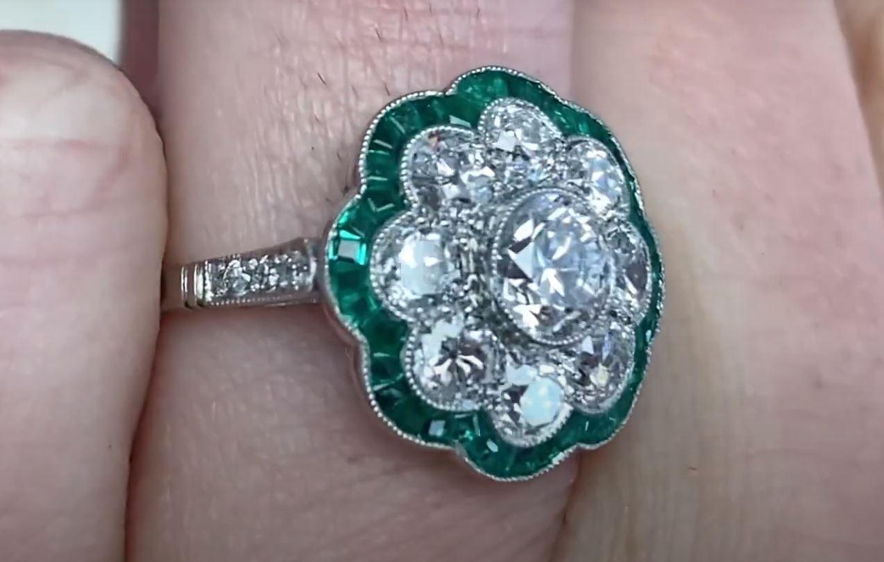 Women's 0.65ct Old European Diamond Cluster Ring, Natural Emerald Halo, Platinum