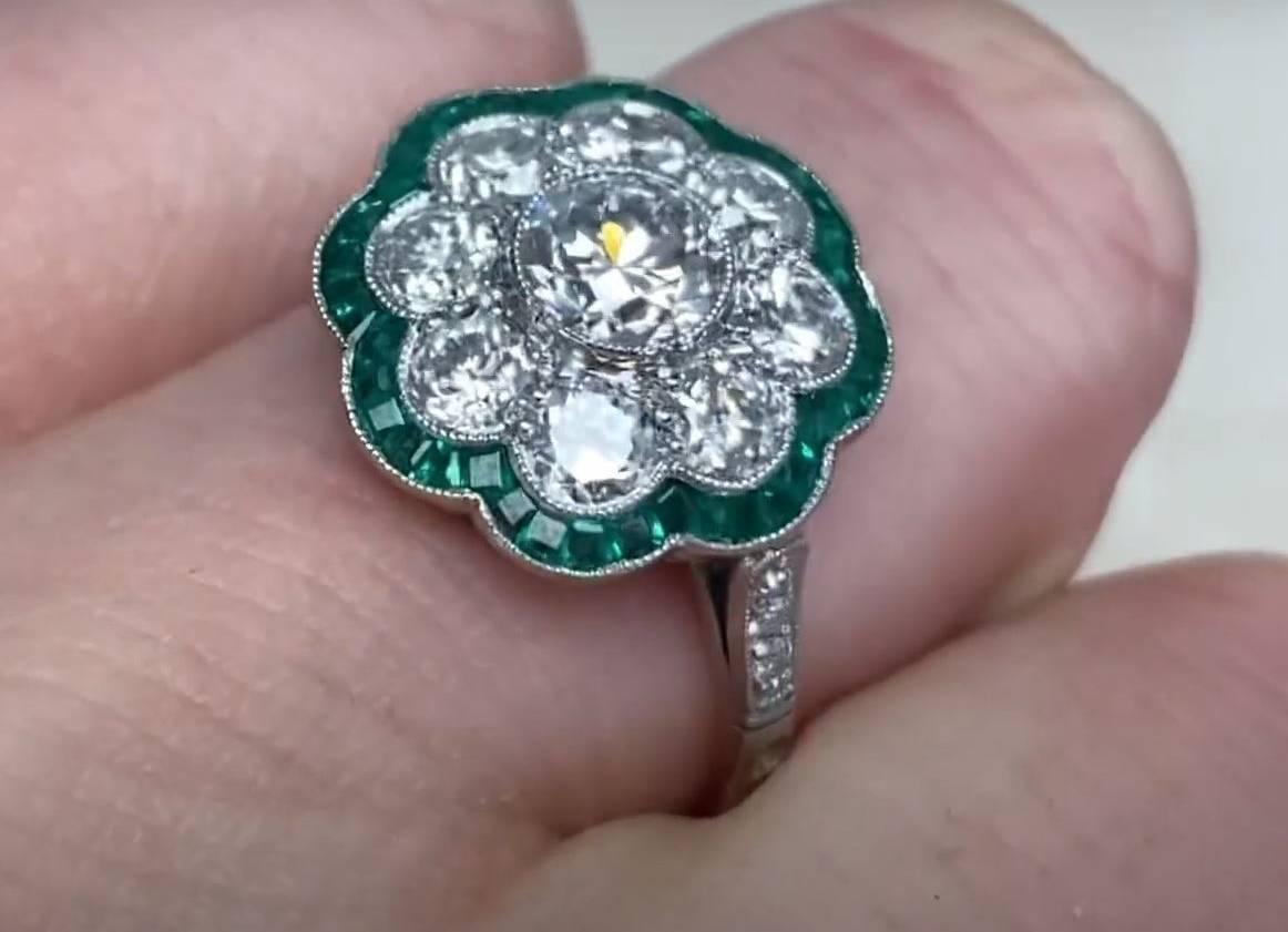 0.65ct Old European Diamond Cluster Ring, Natural Emerald Halo, Platinum 1