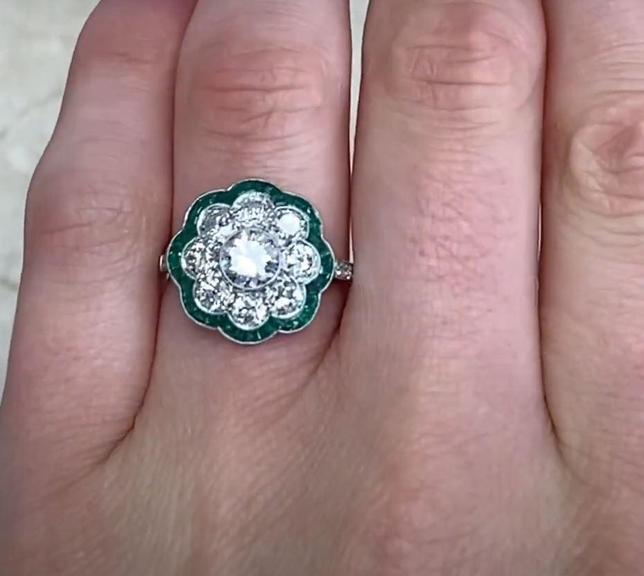 0.65ct Old European Diamond Cluster Ring, Natural Emerald Halo, Platinum 2