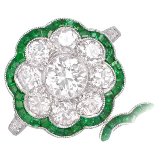 0.65ct Old European Diamond Cluster Ring, Natural Emerald Halo, Platinum
