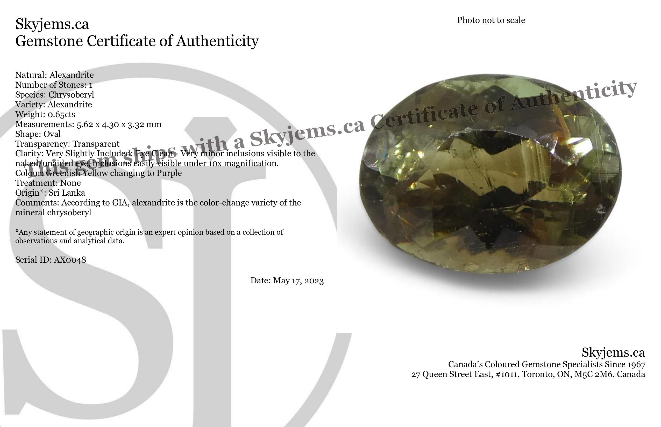 Description:

Gem Type: Alexandrite 
Number of Stones: 1
Weight: 0.65 cts
Measurements: 5.62 x 4.30 x 3.32 mm
Shape: Oval
Cutting Style Crown: Brilliant Cut
Cutting Style Pavilion: Brilliant Cut 
Transparency: Transparent
Clarity: Very Slightly