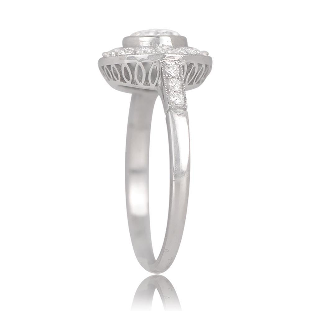 Art Deco 0.65ct Round Brilliant Cut Diamond Engagement Ring, Diamond Halo, Platinum For Sale