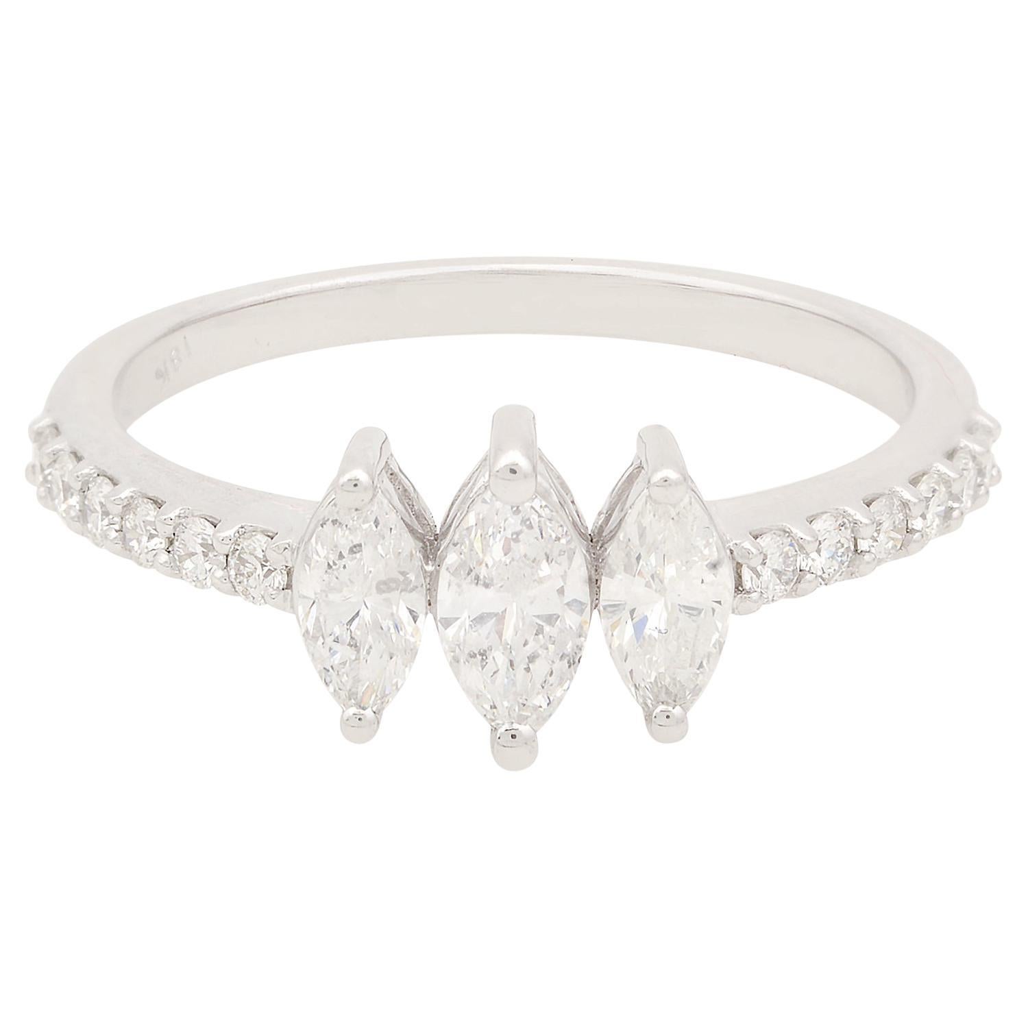 0.65Ct SI Clarity HI Color Marquise Diamond Three Stone Ring 18k White Gold