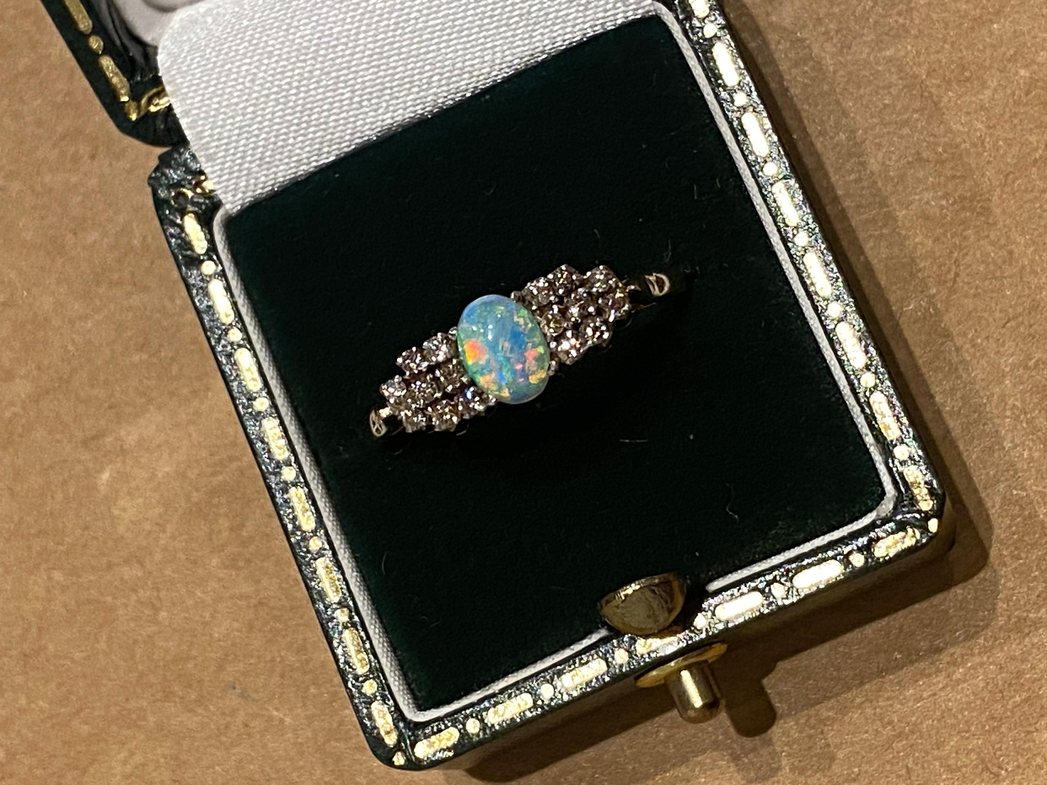 Retro 0.65ct Solid Australian Crystal Opal & 0.50ct Round Diamond Ring in 9K Gold. For Sale