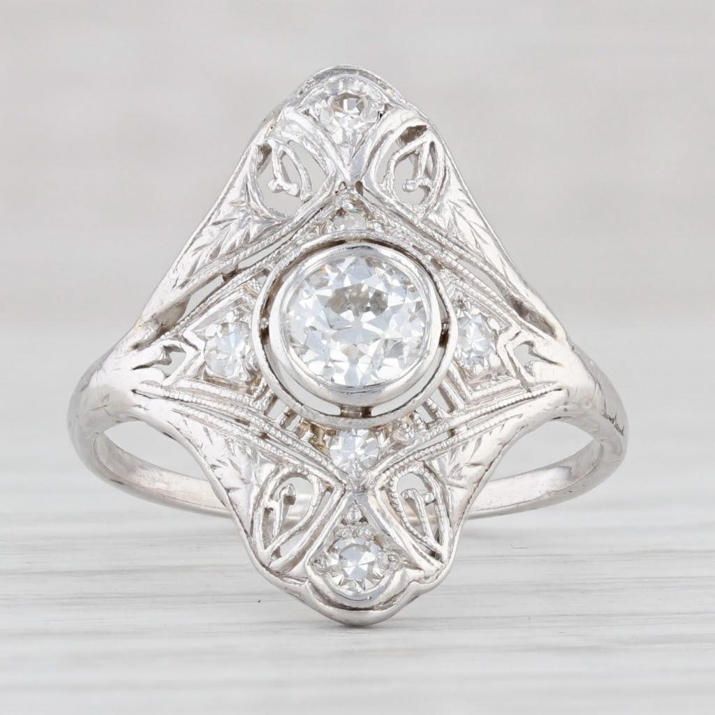 Round Cut 0.65ctw Diamond Filigree Art Deco Ring Platinum Size 7.75 For Sale