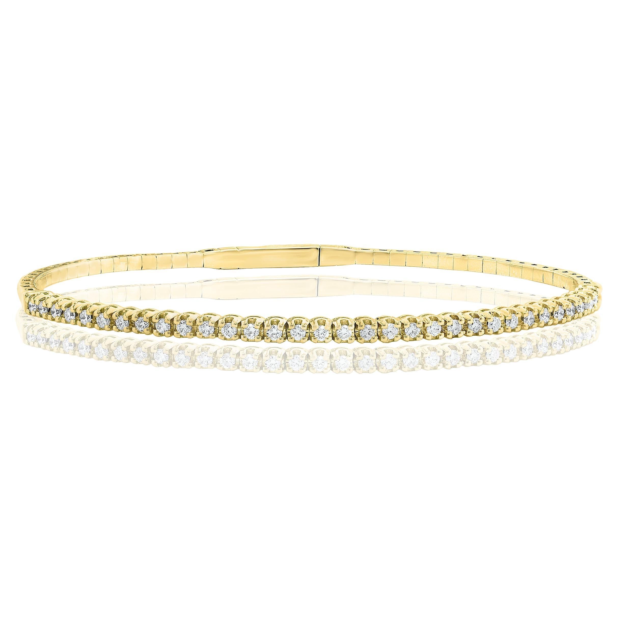 0.66 Carat Brilliant Round Cut Diamond Yellow Gold Bangle Bracelet in 14K For Sale
