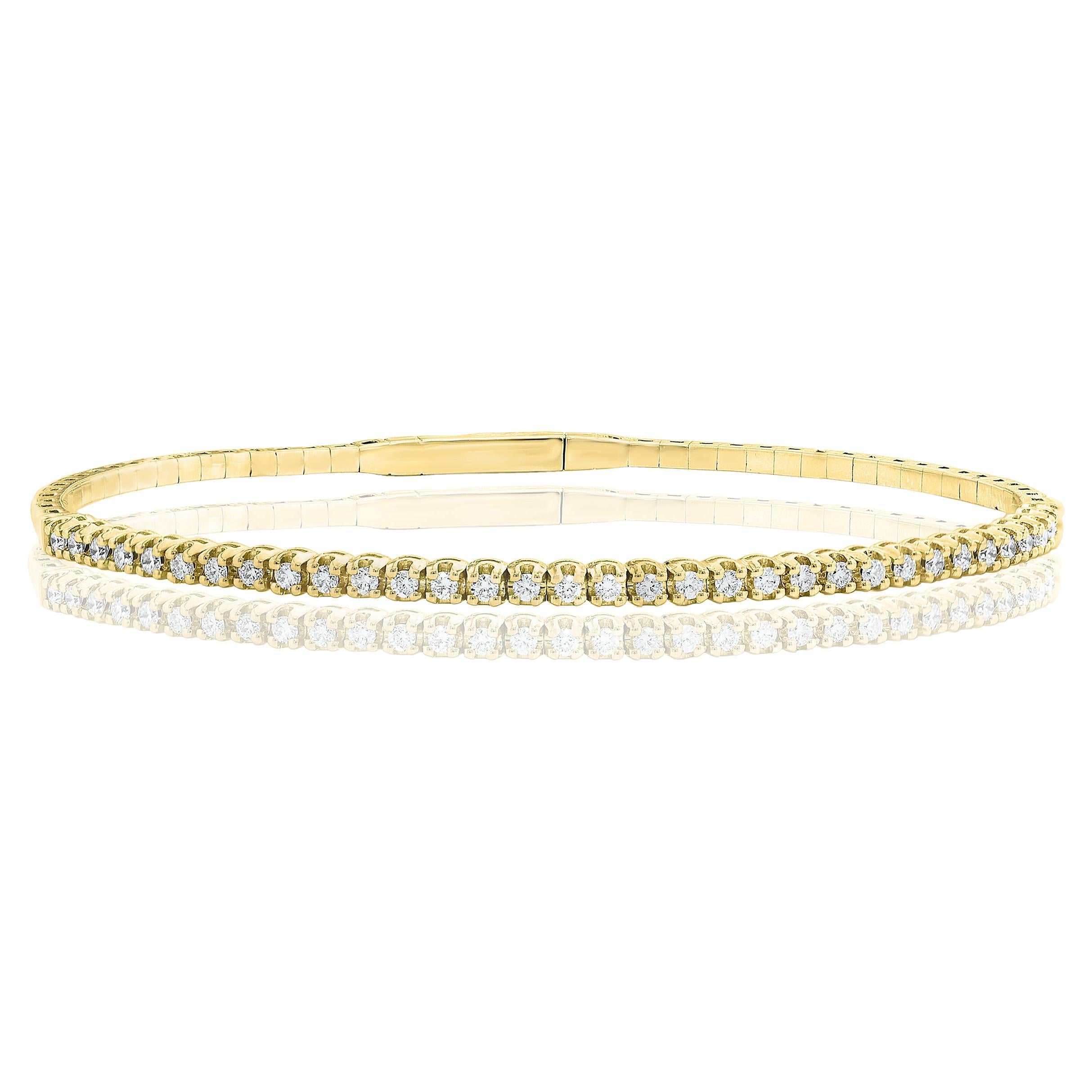 0.66 Carat Brilliant Round Cut Diamond Yellow Gold Bangle Bracelet in 14K