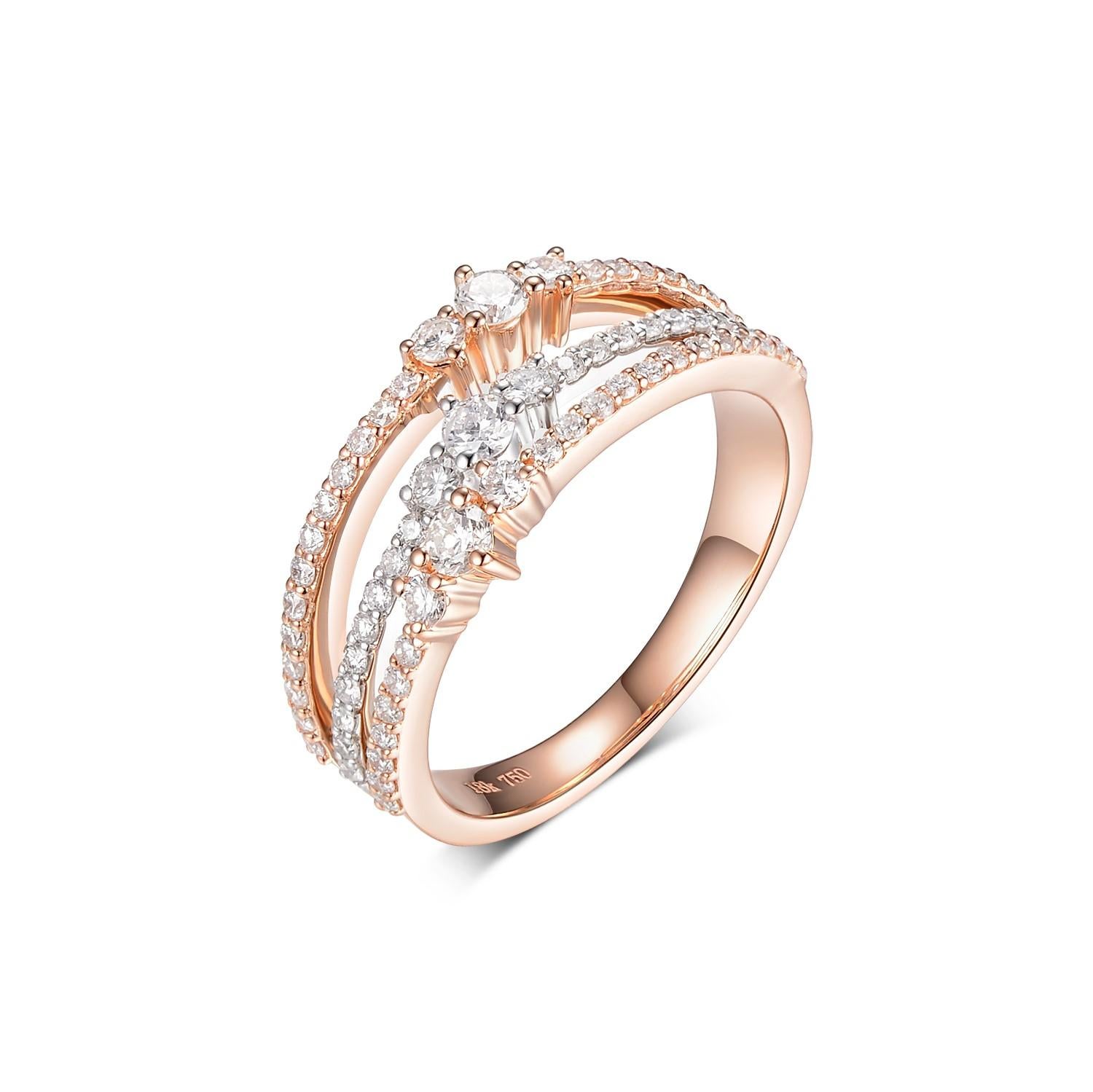 This dainty ring features 0.66 carat of round diamond. Great for everyday use. It's also stack-able with other band rings. Diamonds are set in 18 karat rose and white gold.

US 6.5 
Round Diamond 0.66 carat