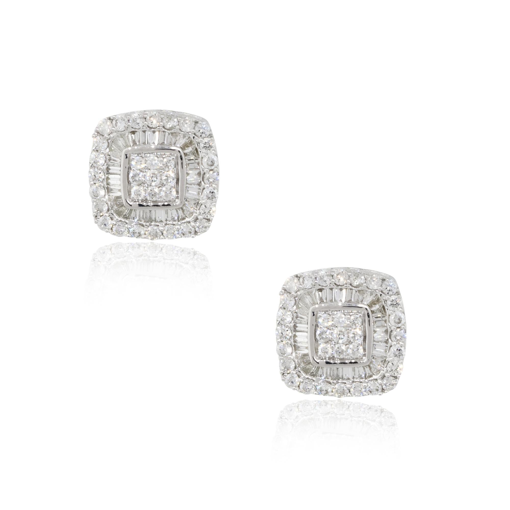 Material: 14k White Gold
Diamond Details: Approx. 0.66ctw of round and invisible set baguette Diamonds. Diamonds are G/H in color and VS in clarity.
Measurements: 9.5mm x 15mm x 9.5mm
Earrings Backs: Tension posts
Total Weight: 2.7g