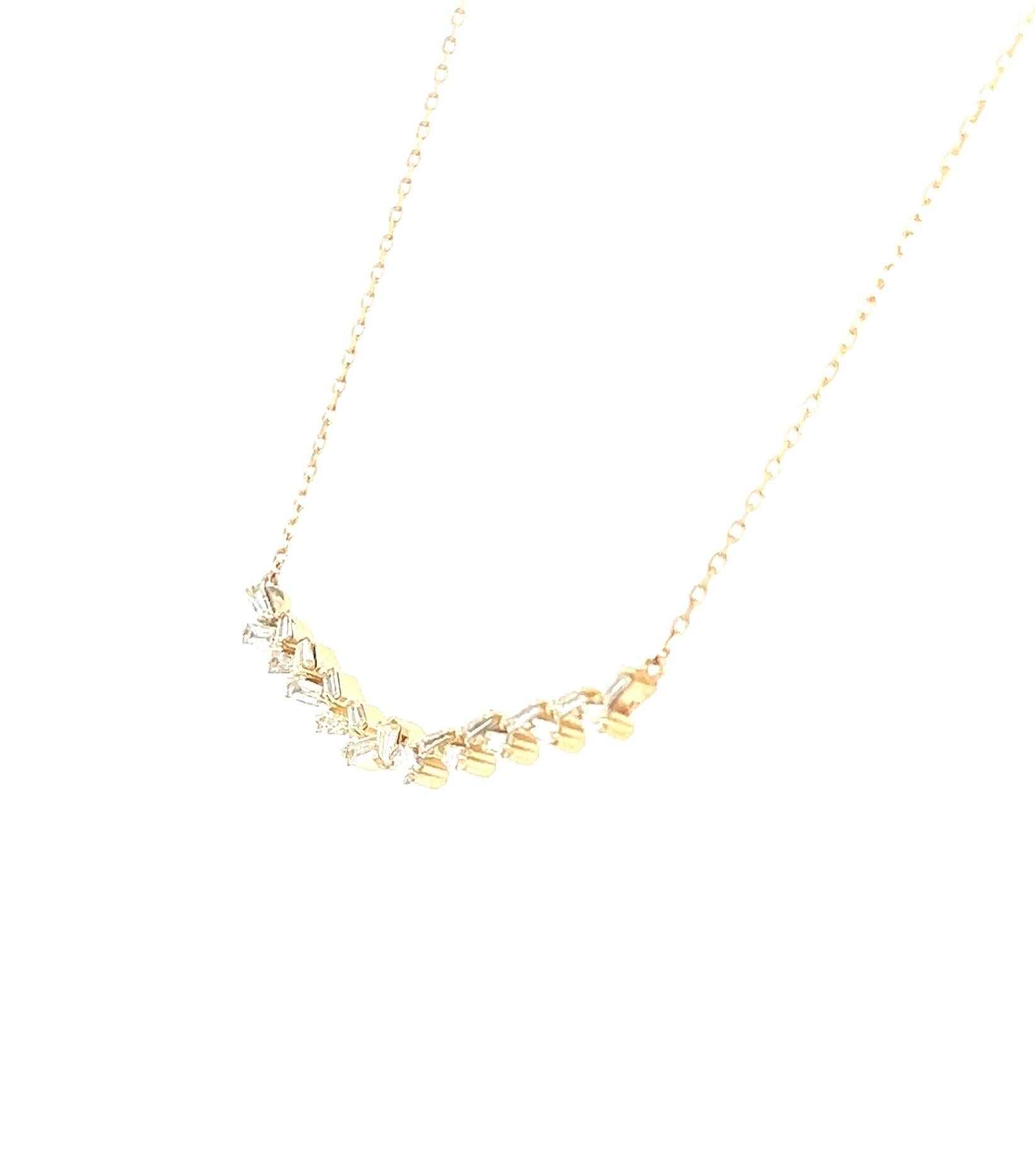 This necklace has a Natural Tapered Baguette Cut Diamonds that weighs 0.66 carats. The clarity and color is: VS-I.

The necklace is 16 inches long and sits well. This necklace is perfect for layering with other necklaces or wearing alone.

Curated
