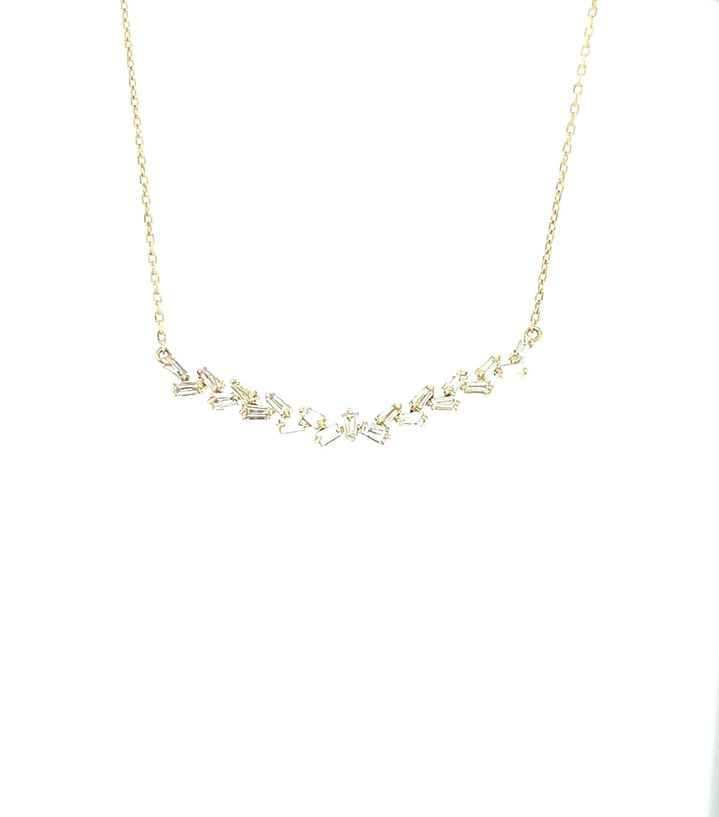 Baguette Cut 0.66 Carat Natural Diamond Yellow Gold Bar Chain Necklace For Sale