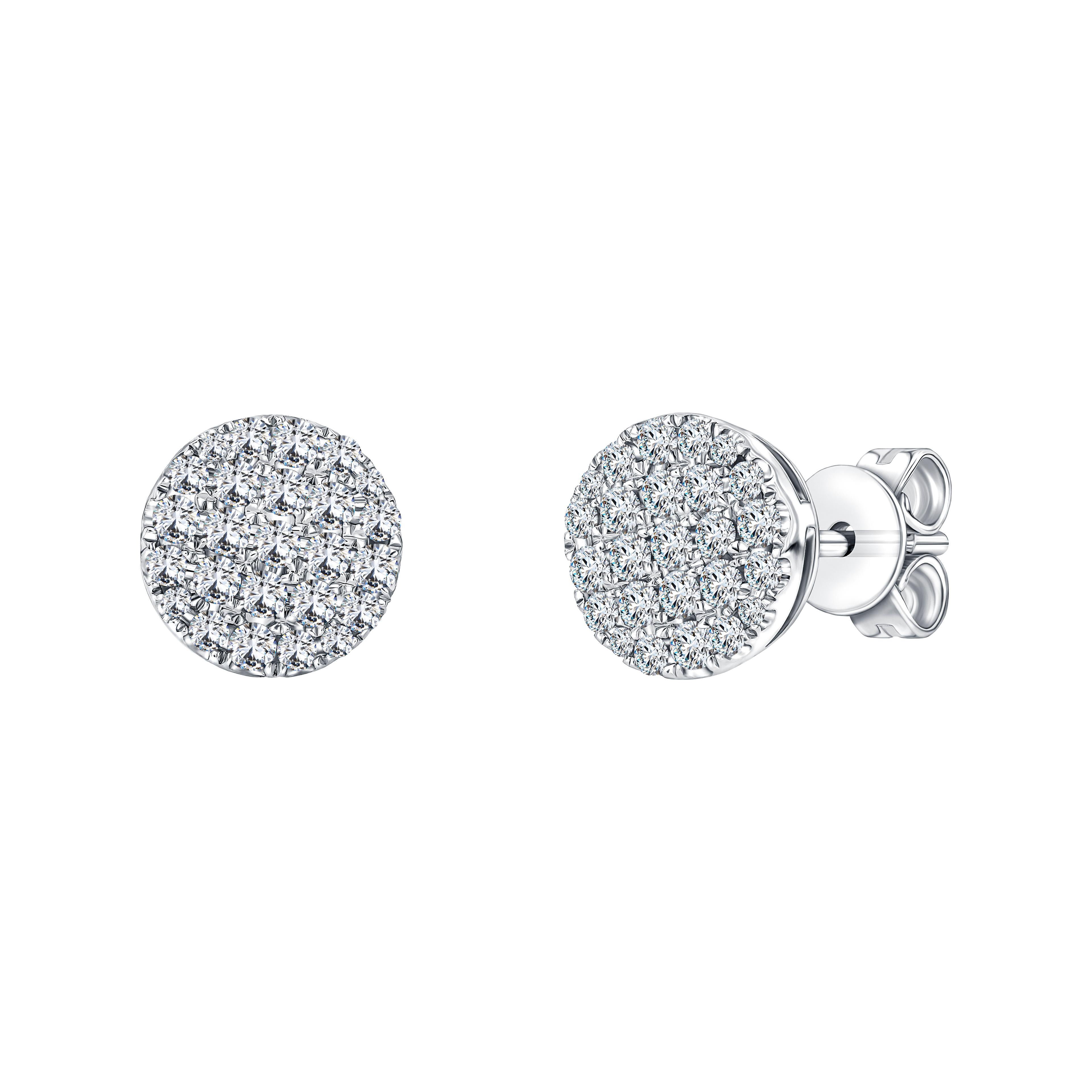 These eye catching elegant Round Brilliant Diamond cluster stud earrings featuring H-SI diamonds that sparkle, set in 18kt White Gold. These button shaped pave set cluster studs have a total diamond weight of 0.66 Carats and a diameter measurement