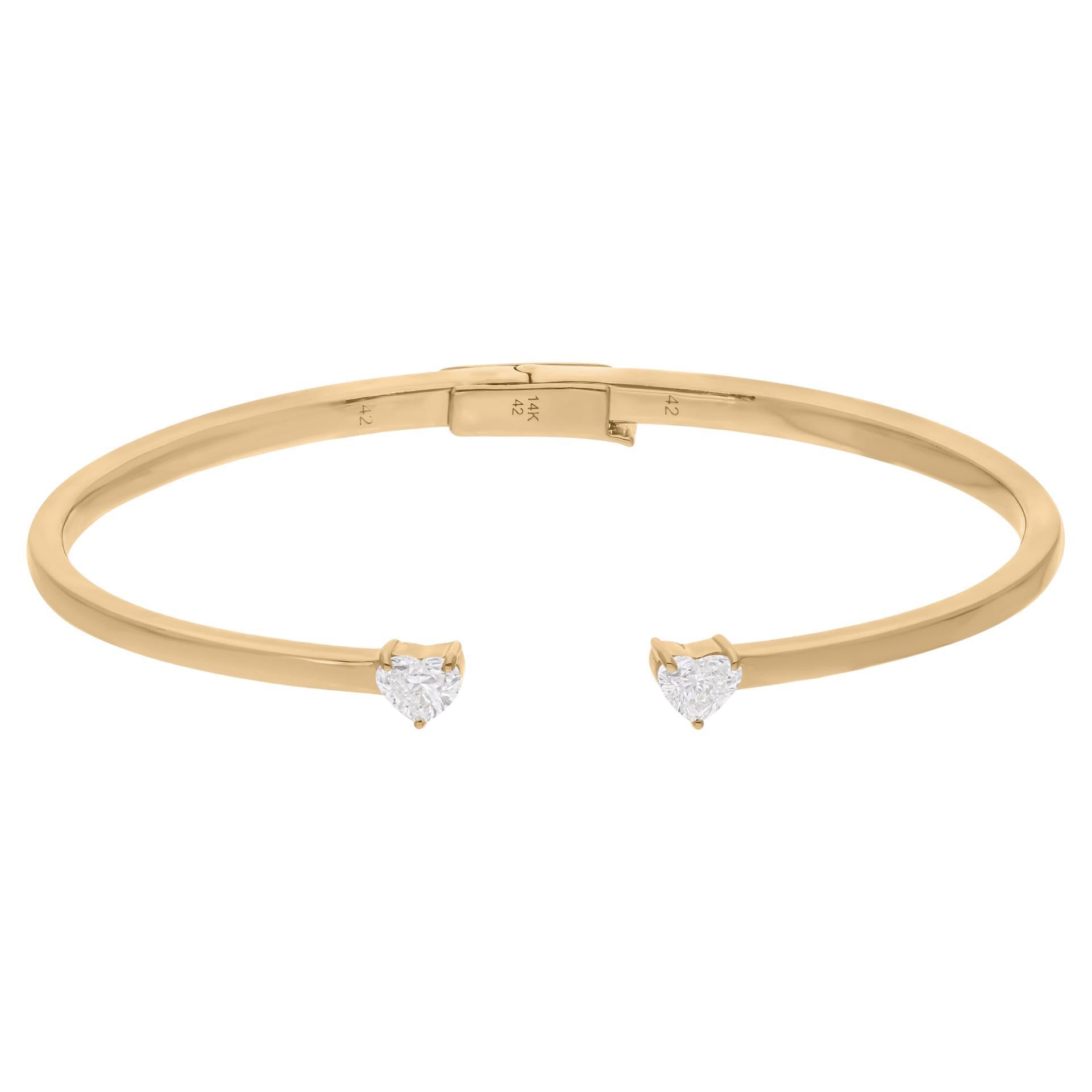 0.66 Carat SI/H Heart Brilliant Cut Diamond Cuff Bangle Bracelet 14k Yellow Gold