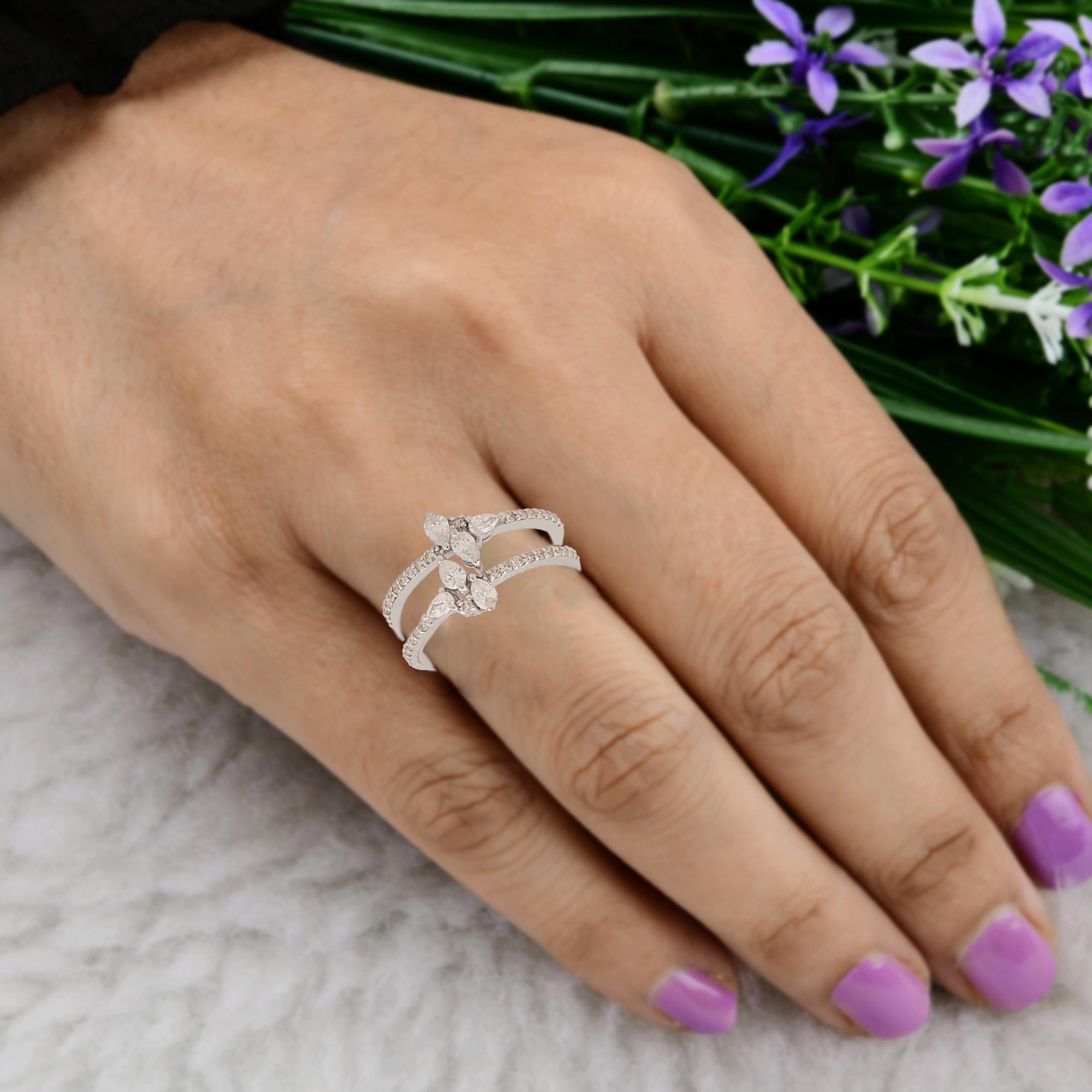 Donna 0,66 carati SI/H Pear Round Diamond Fine Double Band Ring Oro bianco 18 carati in vendita