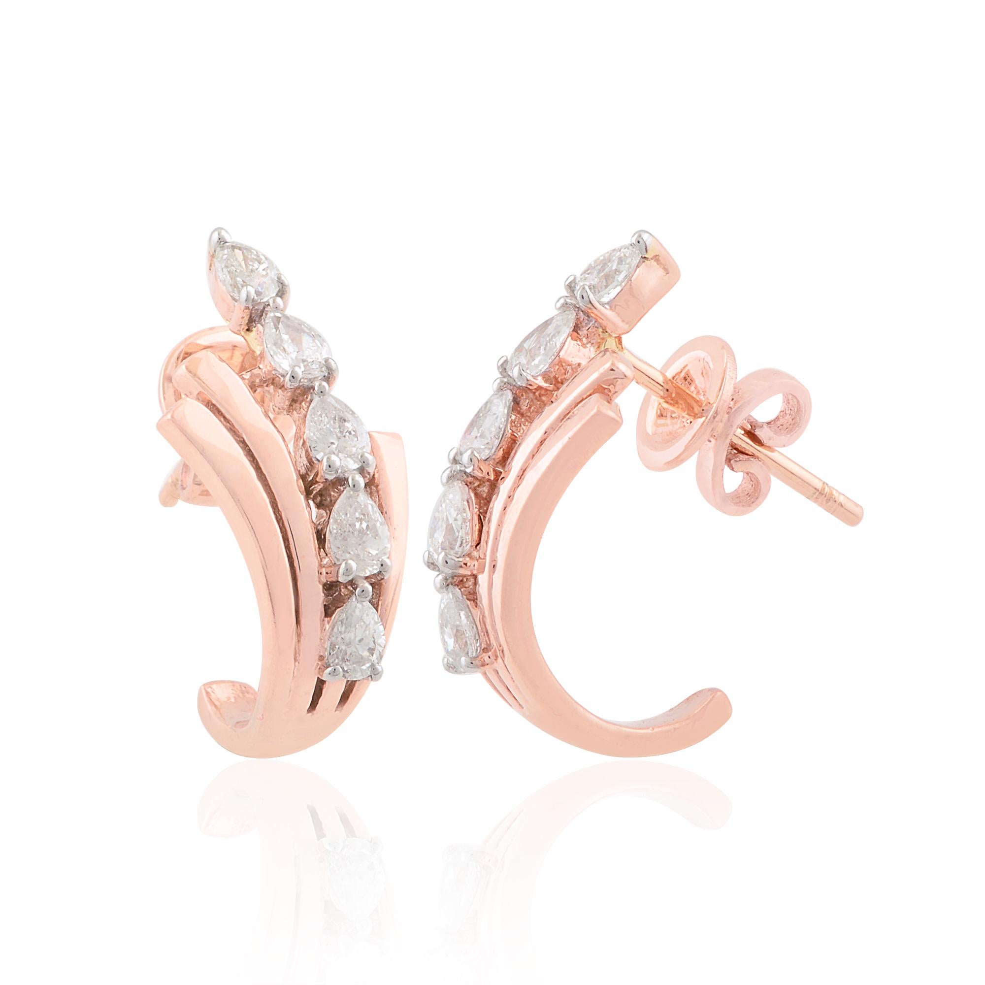 Indulge in the exquisite beauty of these pear diamond half hoop earrings, crafted with meticulous attention to detail in lustrous 10 karat rose gold. Each earring boasts a stunning pear-cut diamond weighing 0.66 carats, selected for its exceptional