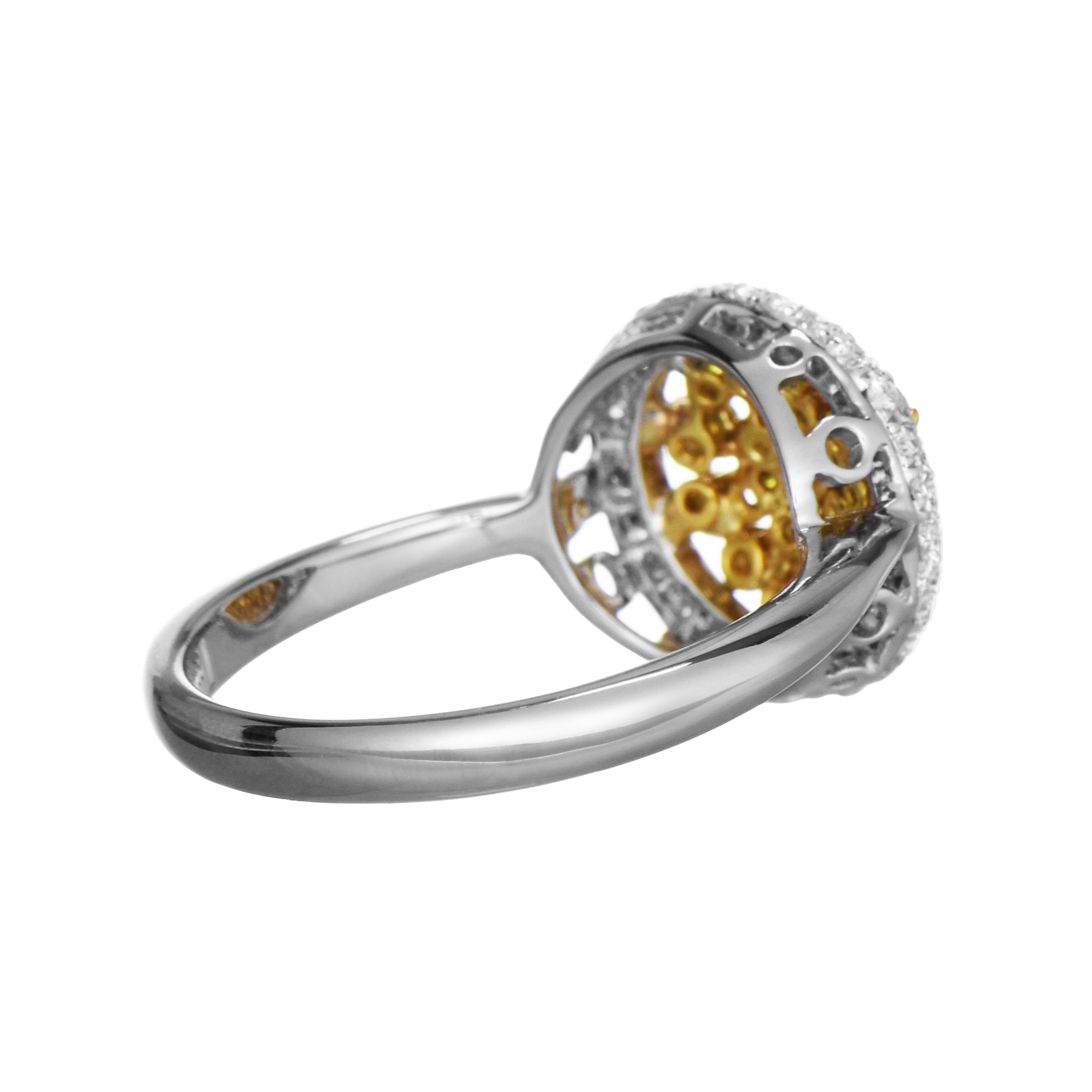 18 diamanti gialli: 0,36 Carati
56 diamanti bianchi: 0,30 Carati
Metallo: Oro bianco e giallo 18 carati, 4,16 grammi
