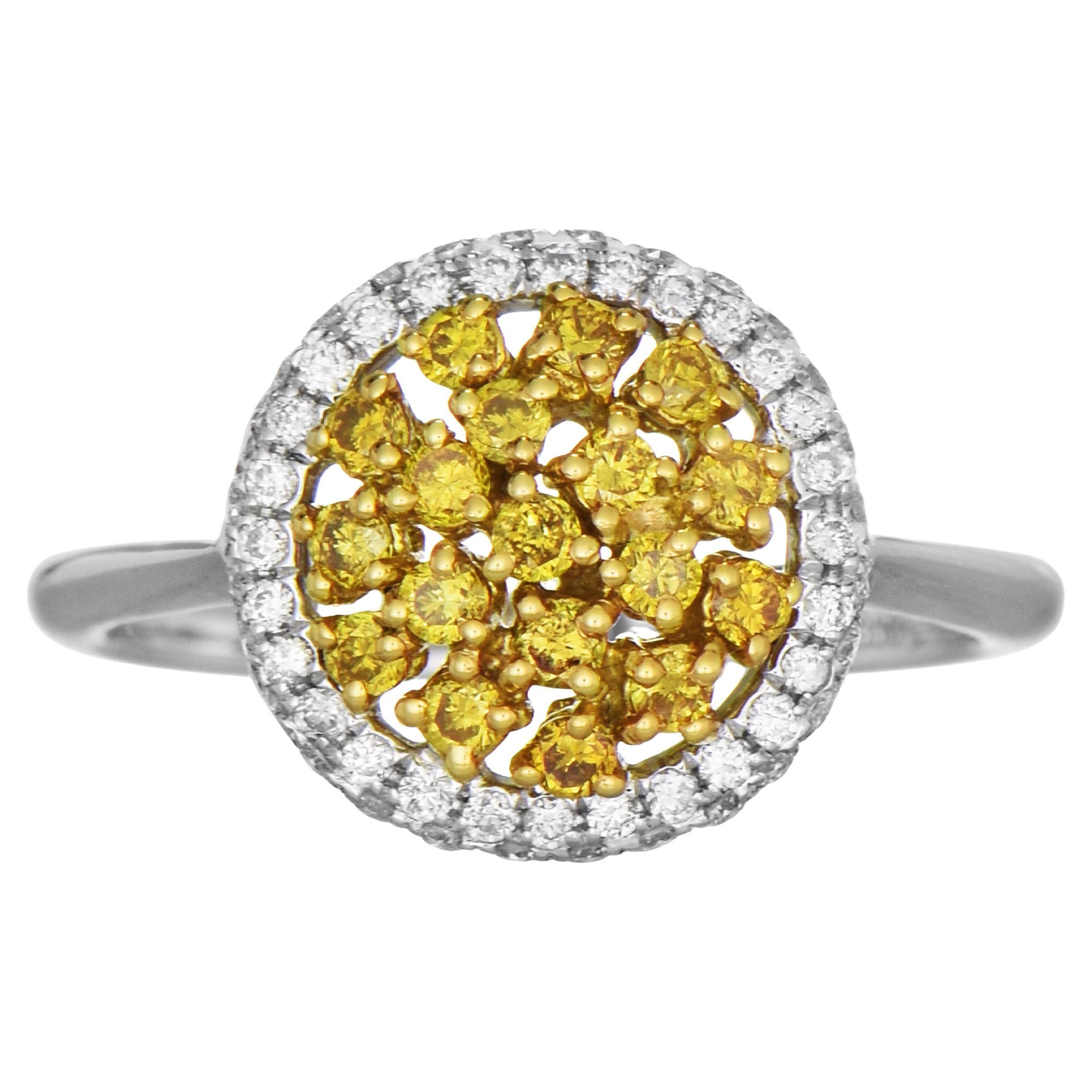 0.66 Carat Yellow and White Diamond White Gold Cluster Ring