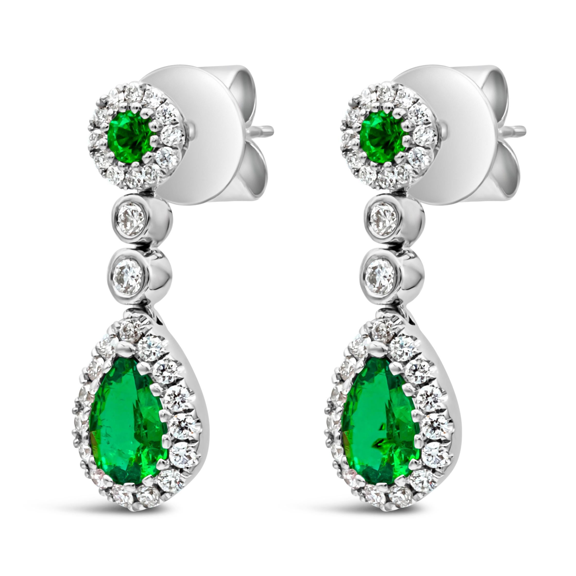 Contemporary 0.66 Carats Total Mixed Cut Colombian Green Emerald & Diamond Dangle Earrings For Sale