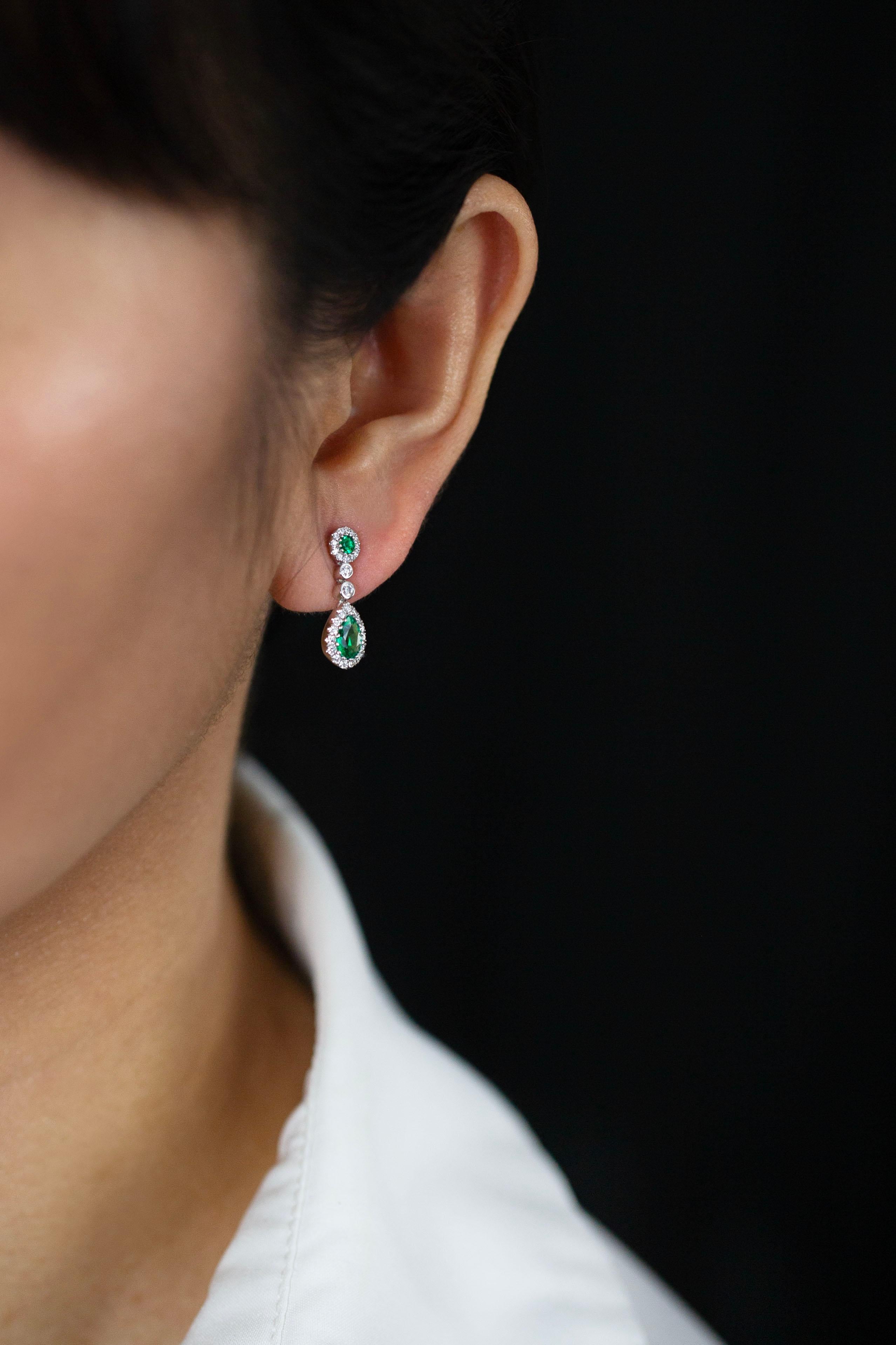 Women's 0.66 Carats Total Mixed Cut Colombian Green Emerald & Diamond Dangle Earrings For Sale
