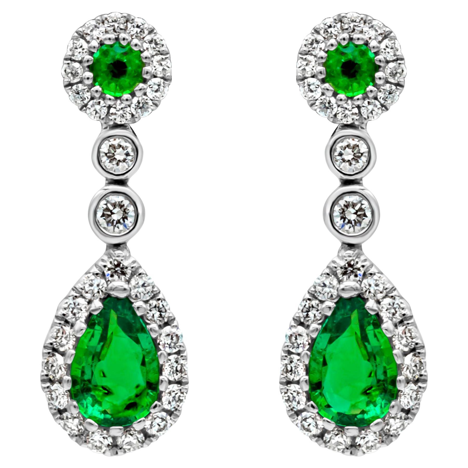 0.66 Carats Total Mixed Cut Colombian Green Emerald & Diamond Dangle Earrings For Sale