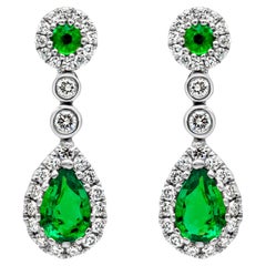 0.66 Carats Total Mixed Cut Colombian Green Emerald & Diamond Dangle Earrings