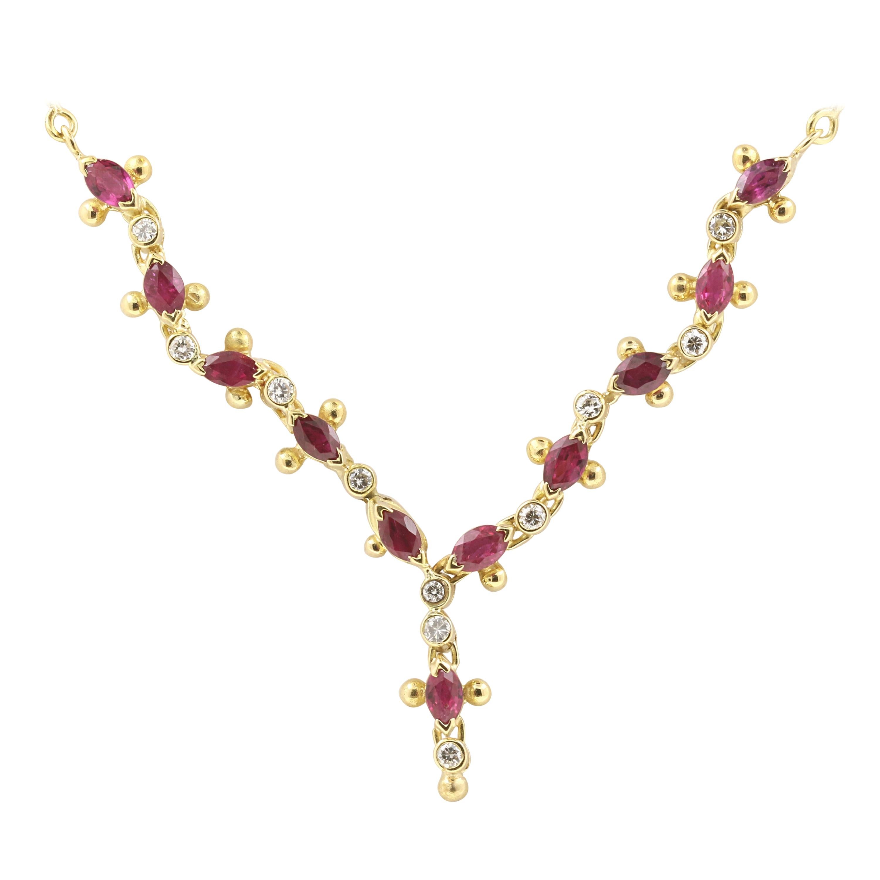 0.66 Ct Oval Rubies and 0.11 Ct Round Diamonds on a 18k Yellow Gold Necklace