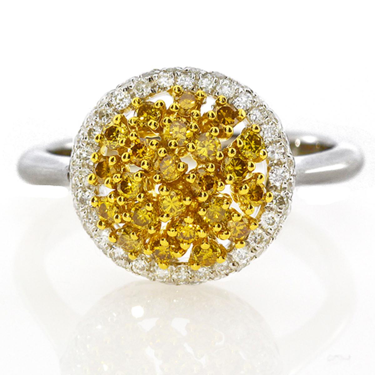 Round Cut 0.66 Carat Natural Fancy Intense Yellow Diamond Cluster Ring For Sale