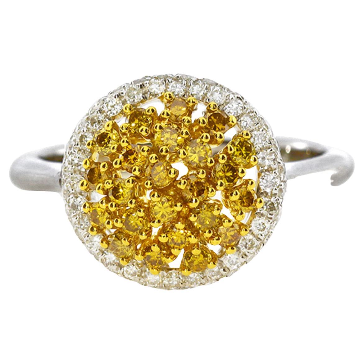 0.66 Carat Natural Fancy Intense Yellow Diamond Cluster Ring For Sale