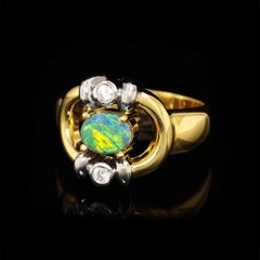 0.66ct Australian Black Opal, Diamond, 18K Yellow Gold & Platinum Ring