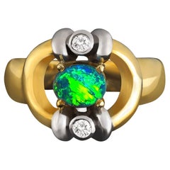 0.66ct Australian Black Opal, Diamond, 18K Yellow Gold & Platinum Ring