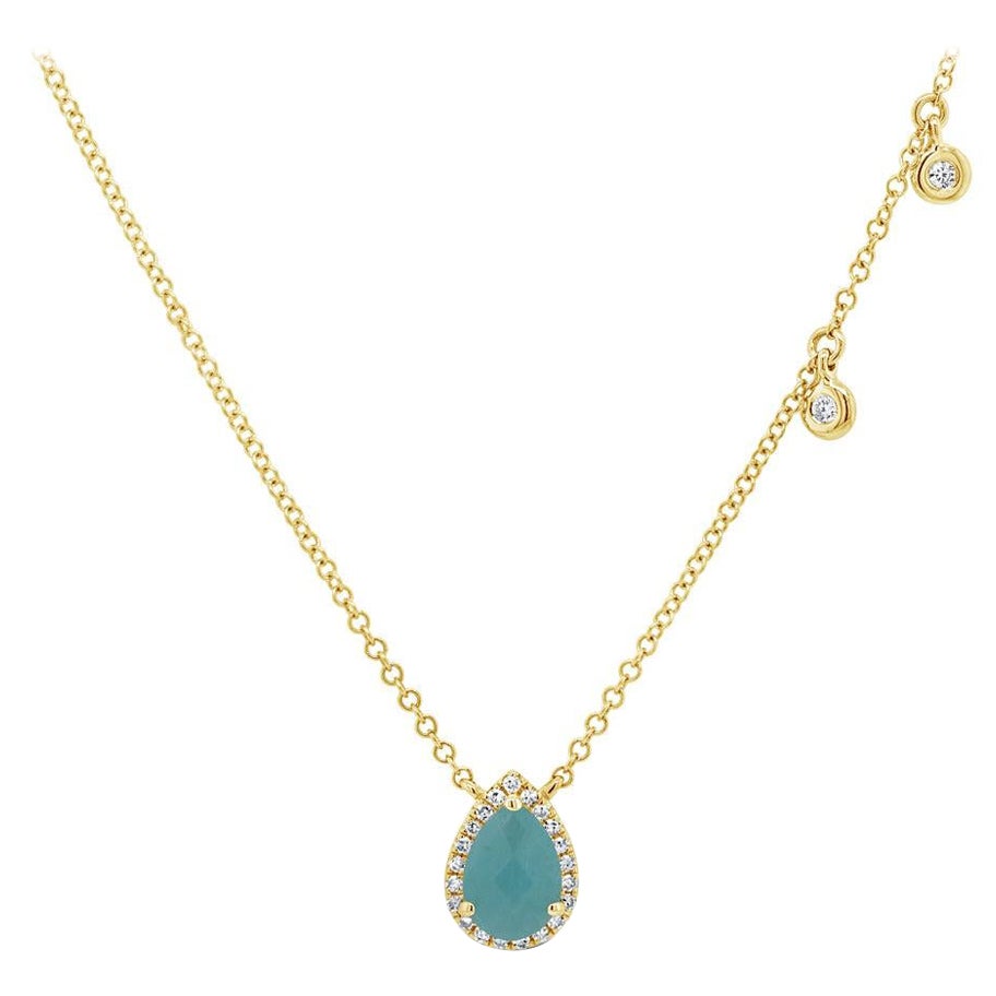 0.66ct Diamond and Amazonite Pear Shaped Pendant in 14k Yellow Gold For Sale