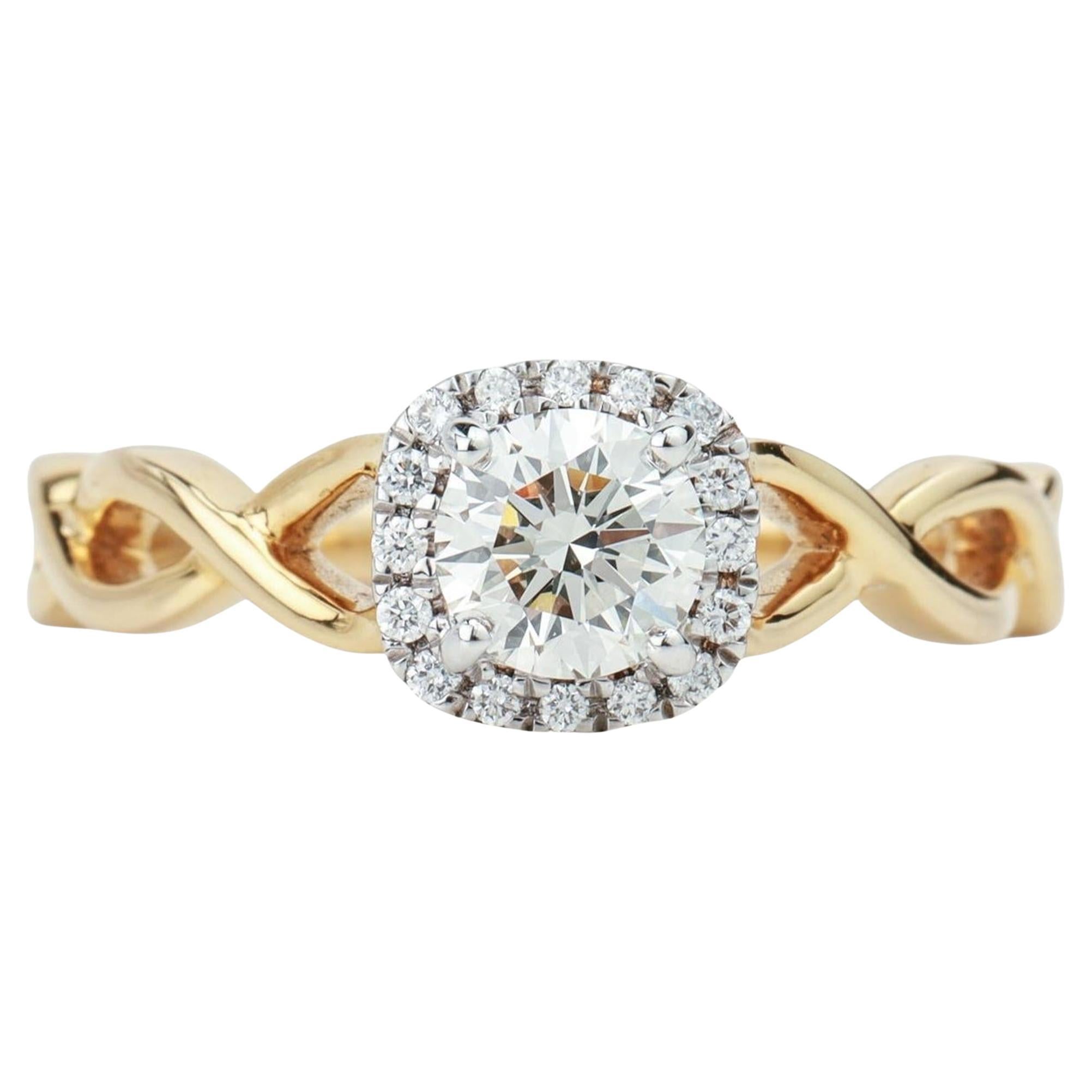 Anillo de compromiso cruzado con halo de diamantes talla redonda GIA de 0,66 ct en oro blanco de 18 quilates