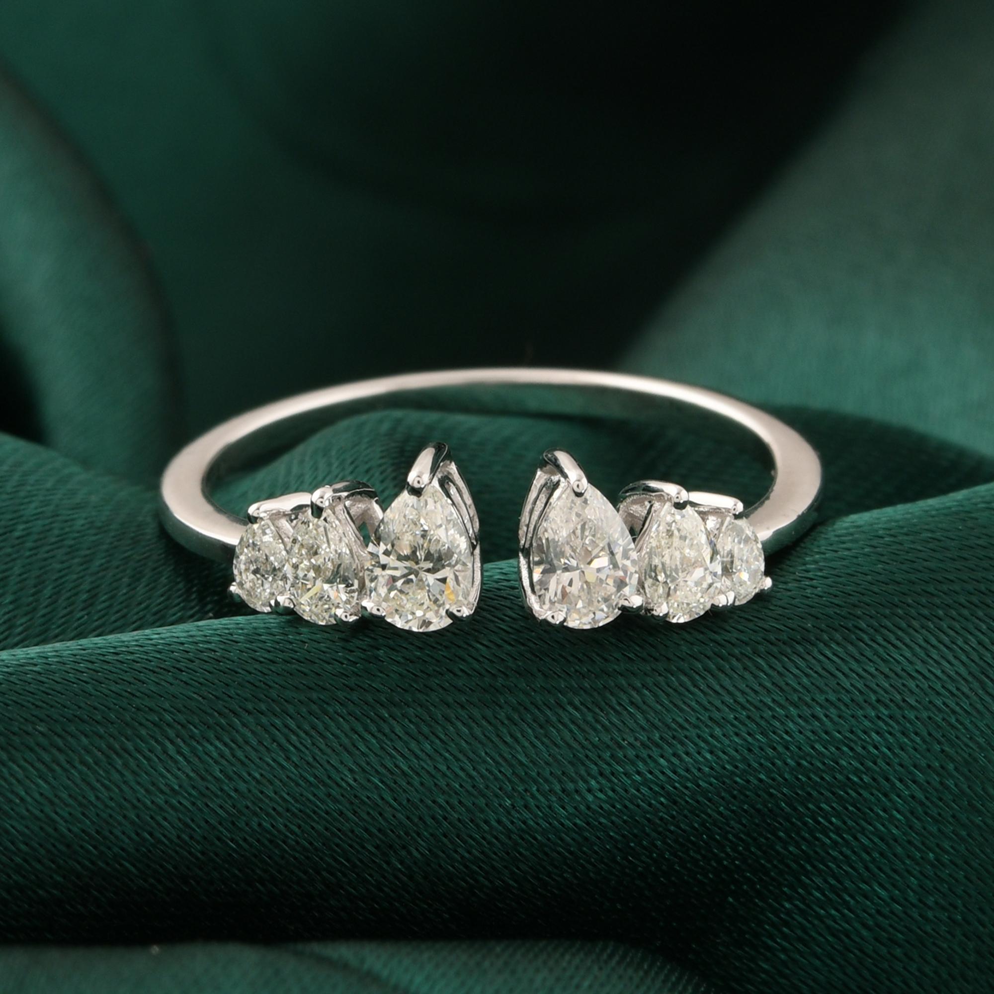 Moderne 0.66Ct Pear Certified Diamond Open Cuff Band Ring 18K White Gold Fine Jewelry en vente