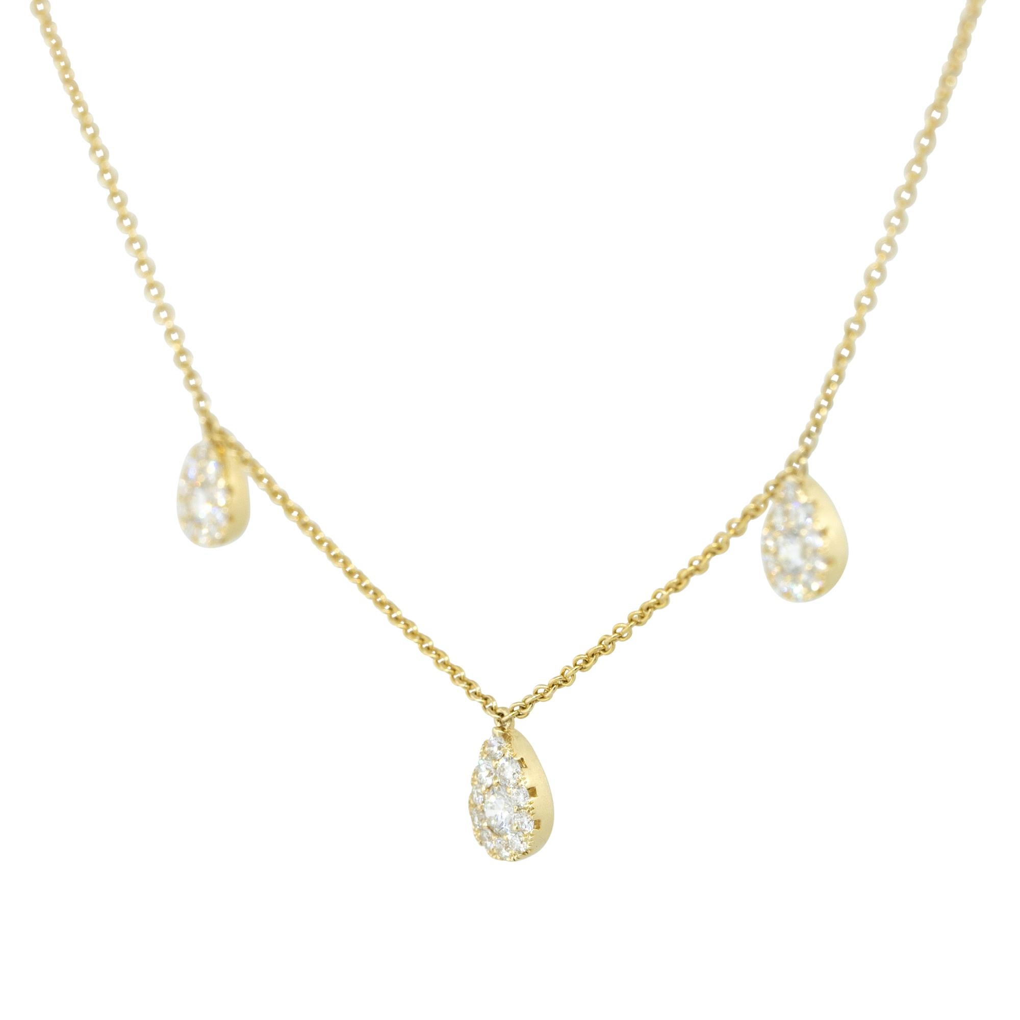 0.67 Carat 3 Pave Diamond Pear Station Necklace 14 Karat In Stock In Excellent Condition In Boca Raton, FL