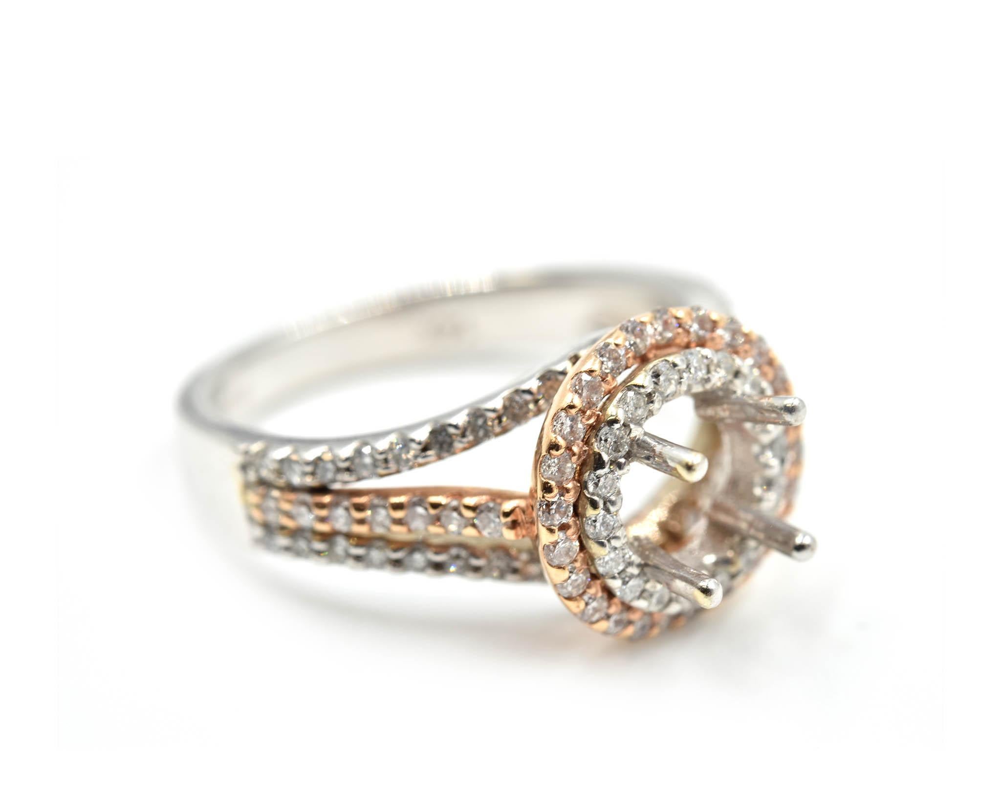 Designer: custom design
Material: 14k white & rose gold
Diamonds: round brilliant cut diamonds = 0.67carat total weight
Color: G-H
Clarity: SI1
Ring Size: 6 1/4 (please allow two additional shipping days for sizing requests)
Weight: 4.7 grams
