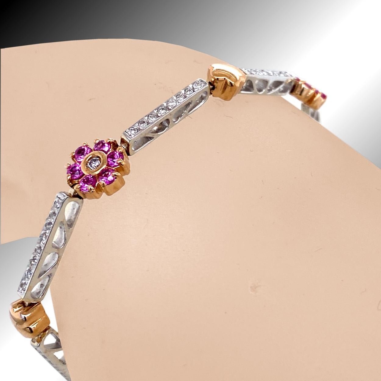 Women's 0.67 Carat Diamond/1.59 Carat Pink Sapphire Two-Tone Bracelet For Sale