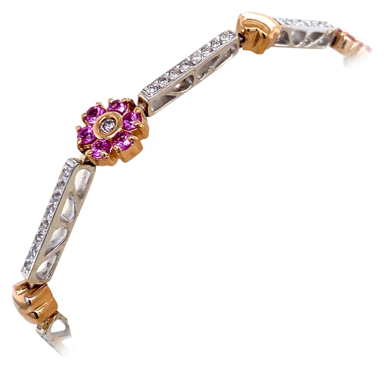 0.67 Carat Diamond/1.59 Carat Pink Sapphire Two-Tone Bracelet For Sale