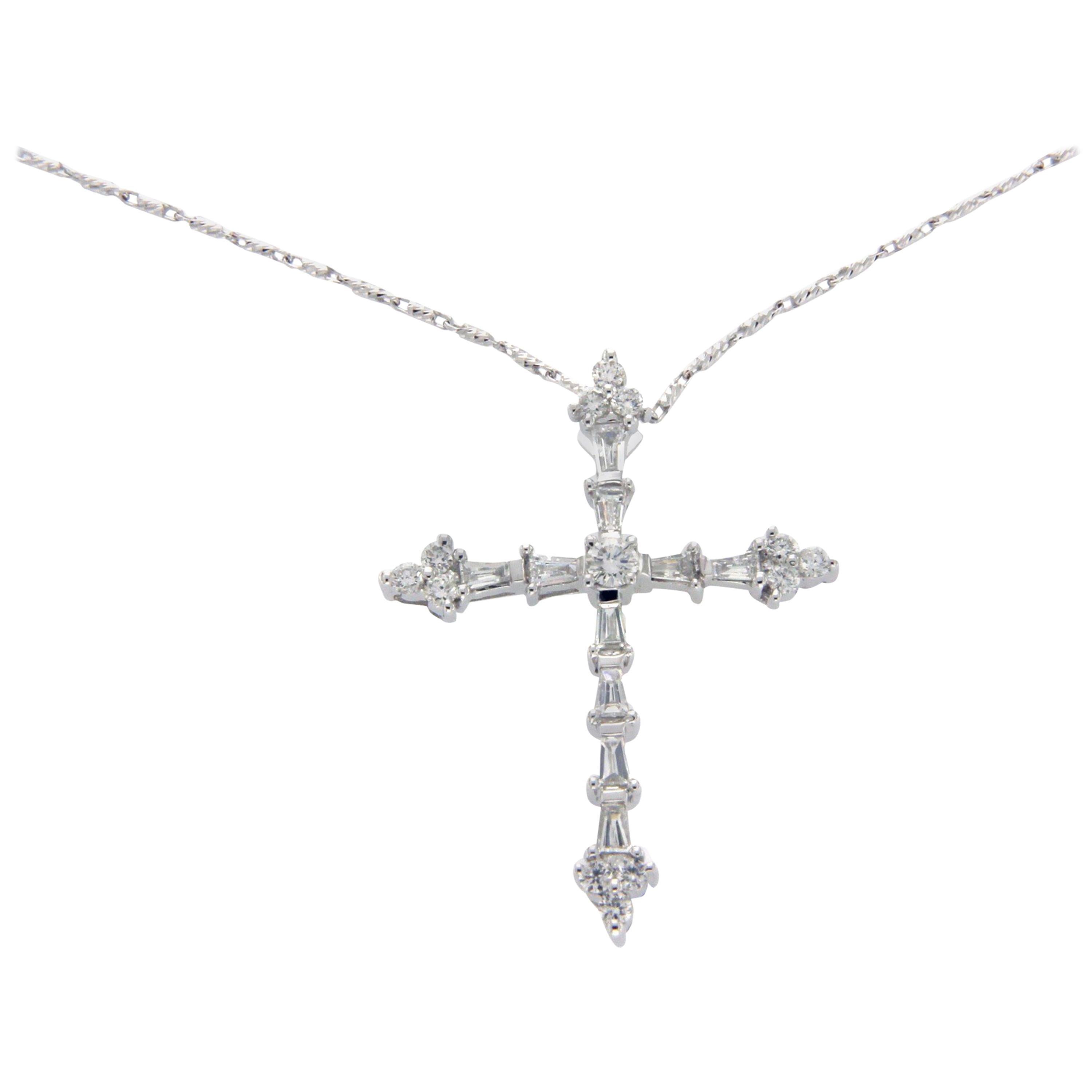 0.67 Carat Diamond 18 Karat Gold Cross Pendant 14 Karat Gold Chain Necklace For Sale
